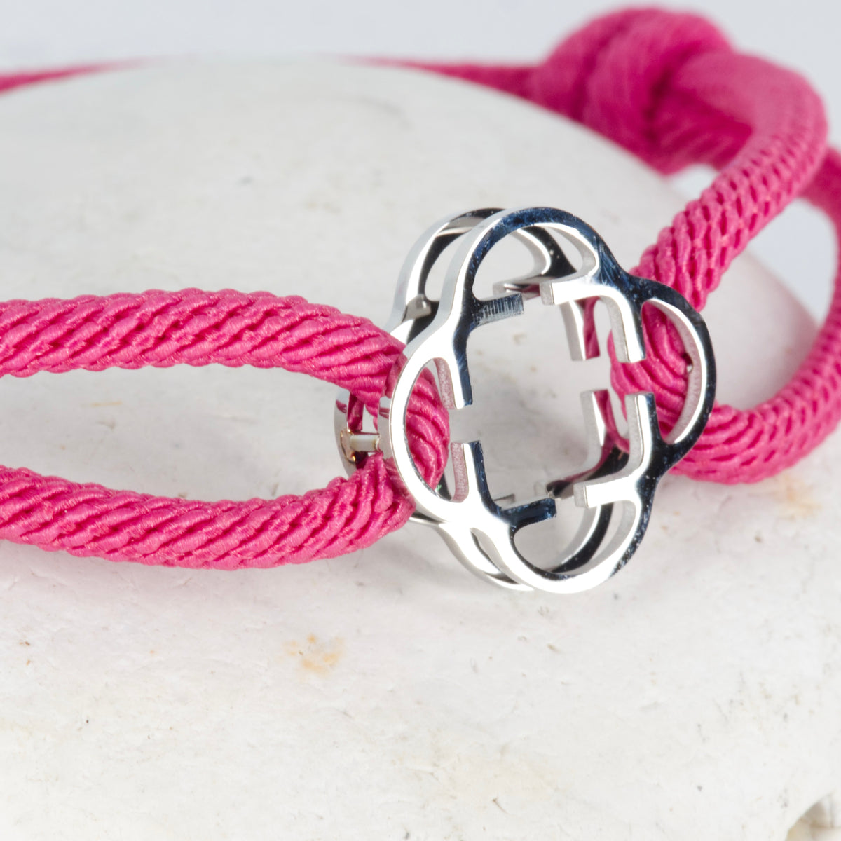 Stainless Steel Clover Pink Rope Bracelet