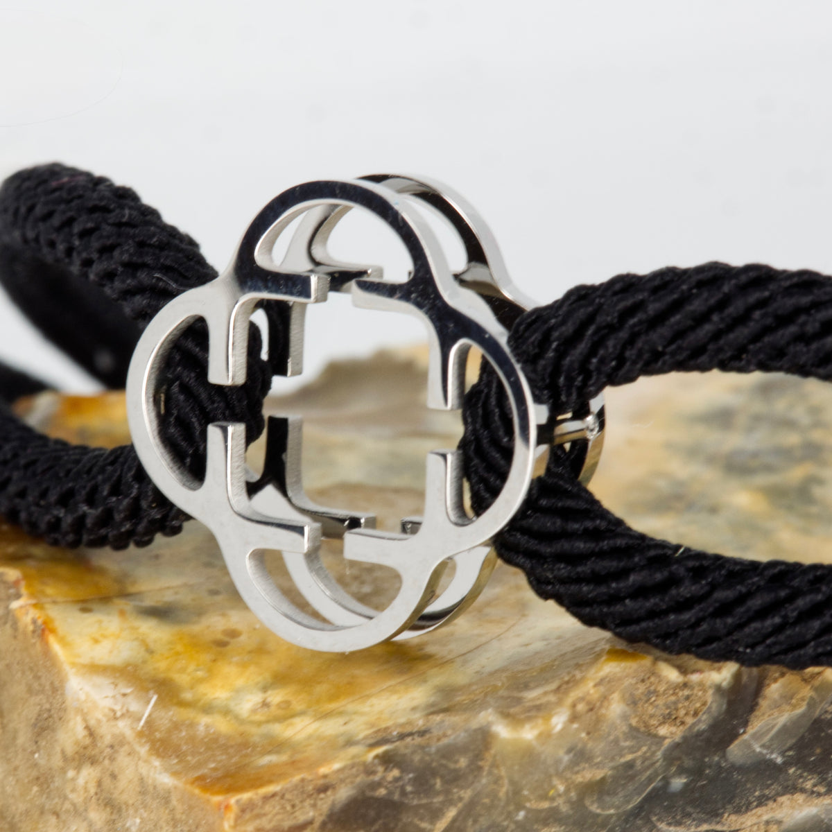 Stainless Steel Clover Black Rope Bracelet
