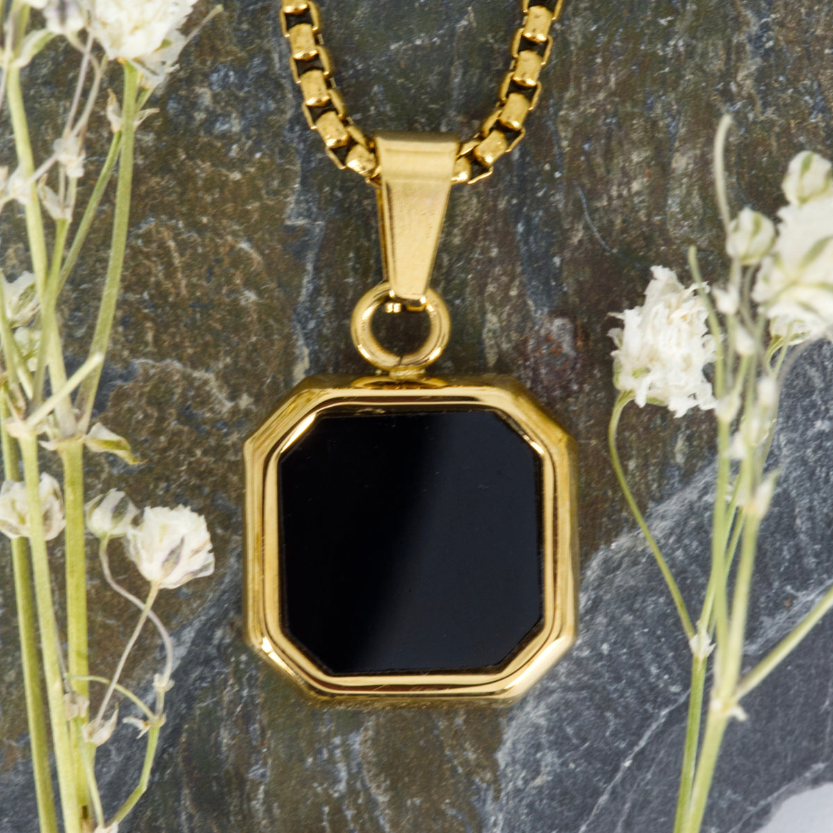 Gold Plated Octagonal Onyx Pendant & Chain