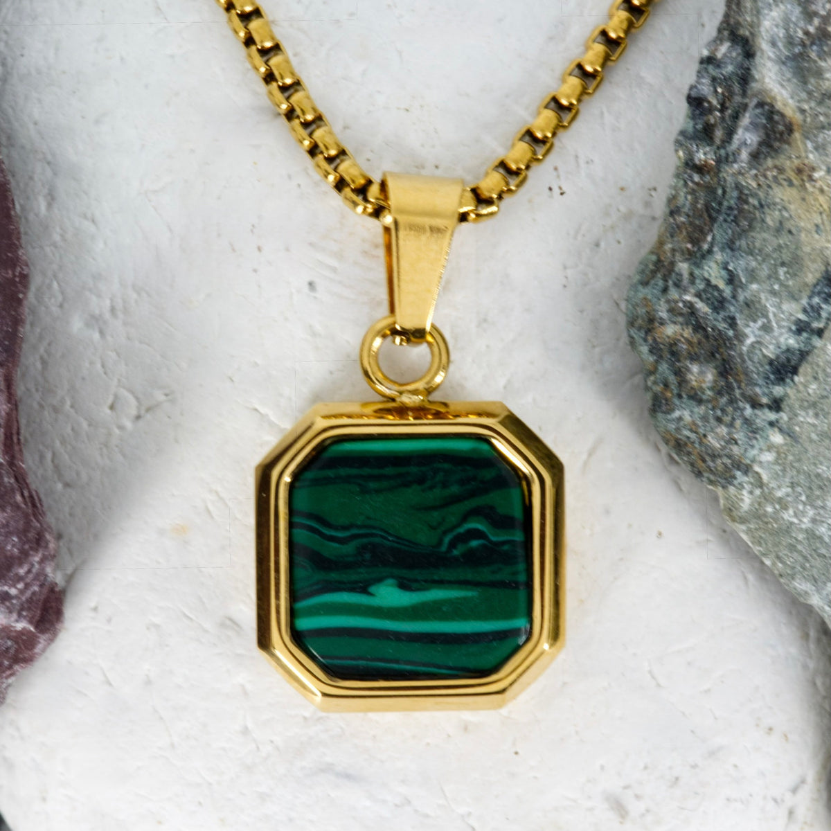 Gold Plated Octagonal Malachite Pendant & Chain