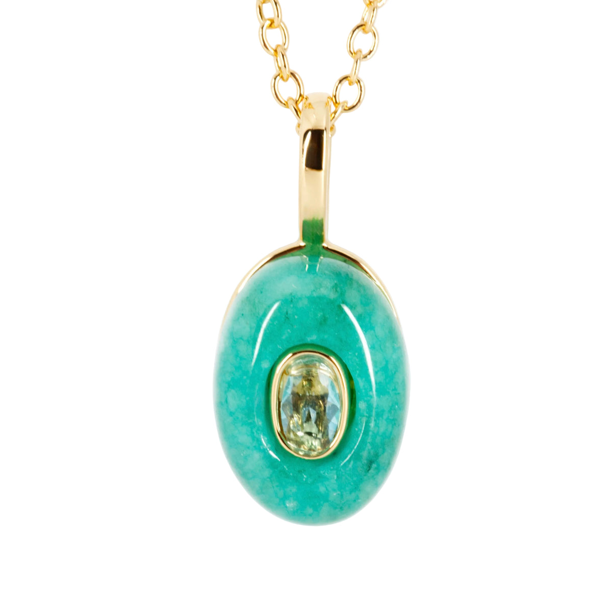 Gold Plated Green Natural Stone & Cubic Zirconia Set Pendant & Chain