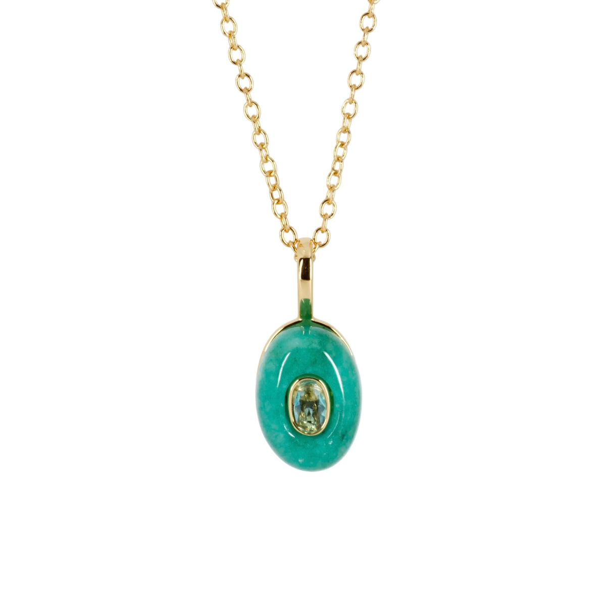 Gold Plated Green Natural Stone & Cubic Zirconia Set Pendant & Chain