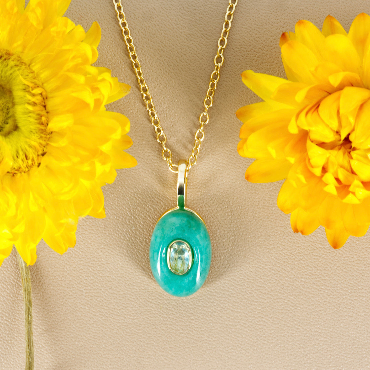 Gold Plated Green Natural Stone & Cubic Zirconia Set Pendant & Chain