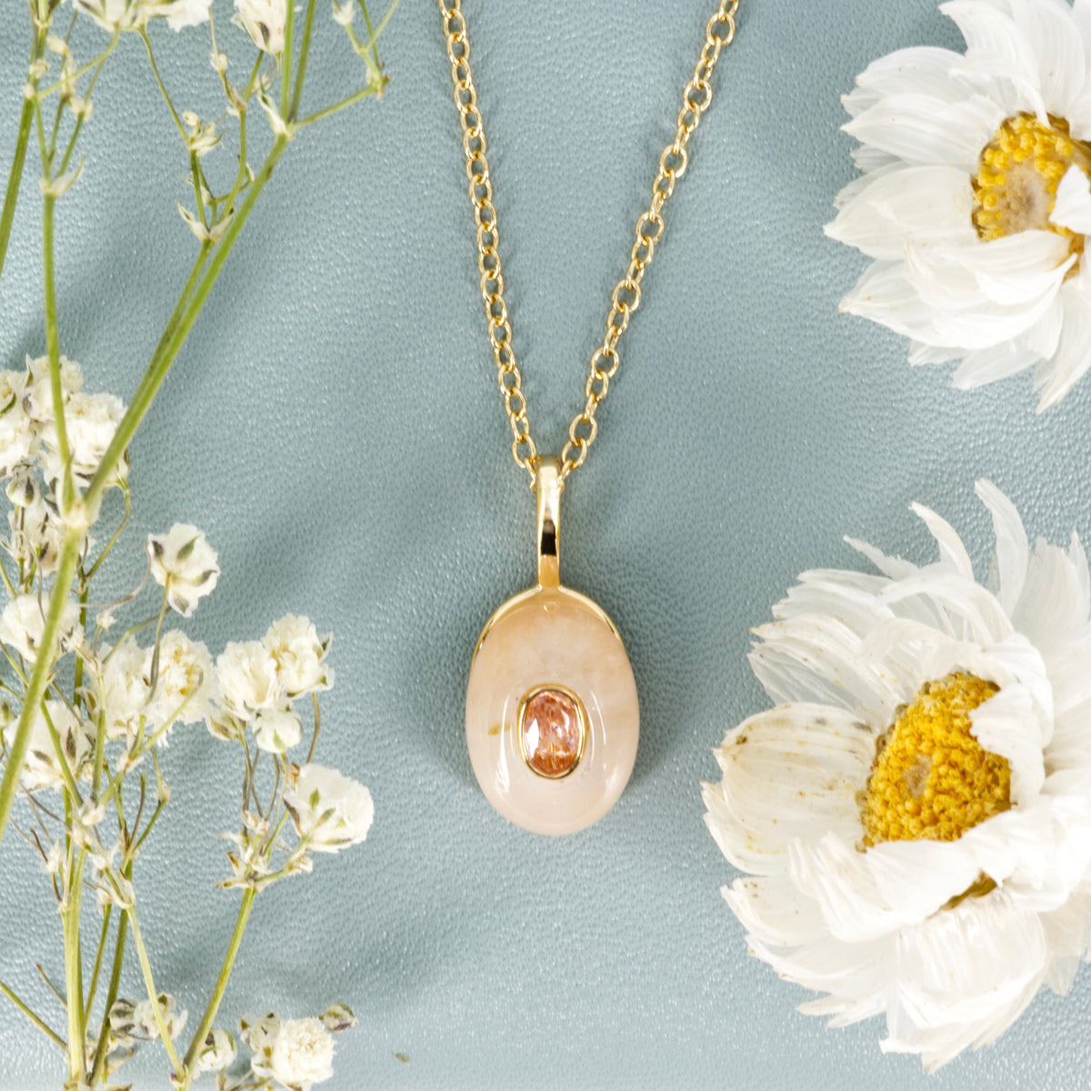 Gold Plated Pink Natural Stone & Cubic Zirconia Set Pendant & Chain
