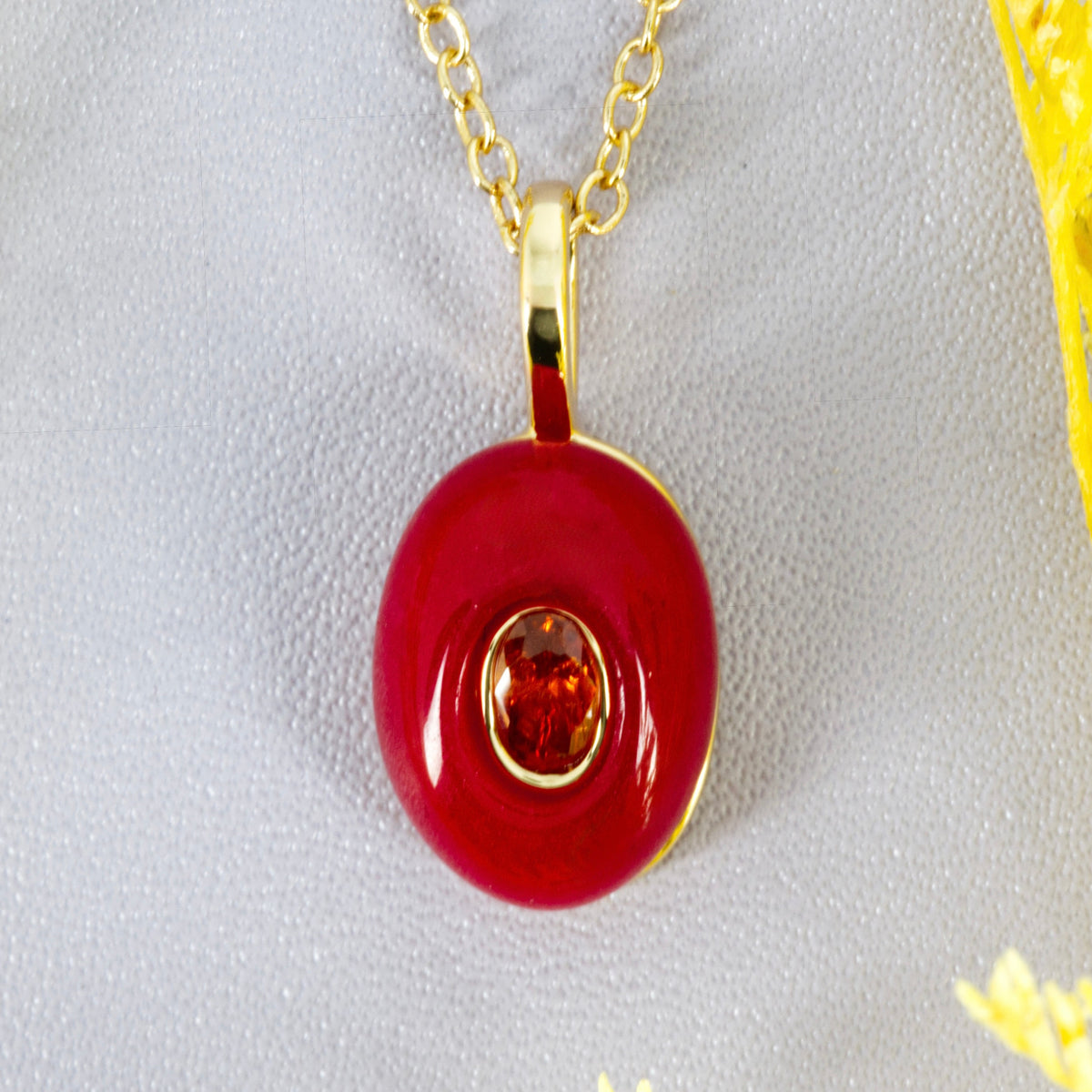 Gold Plated Red Natural Stone & Cubic Zirconia Set Pendant & Chain