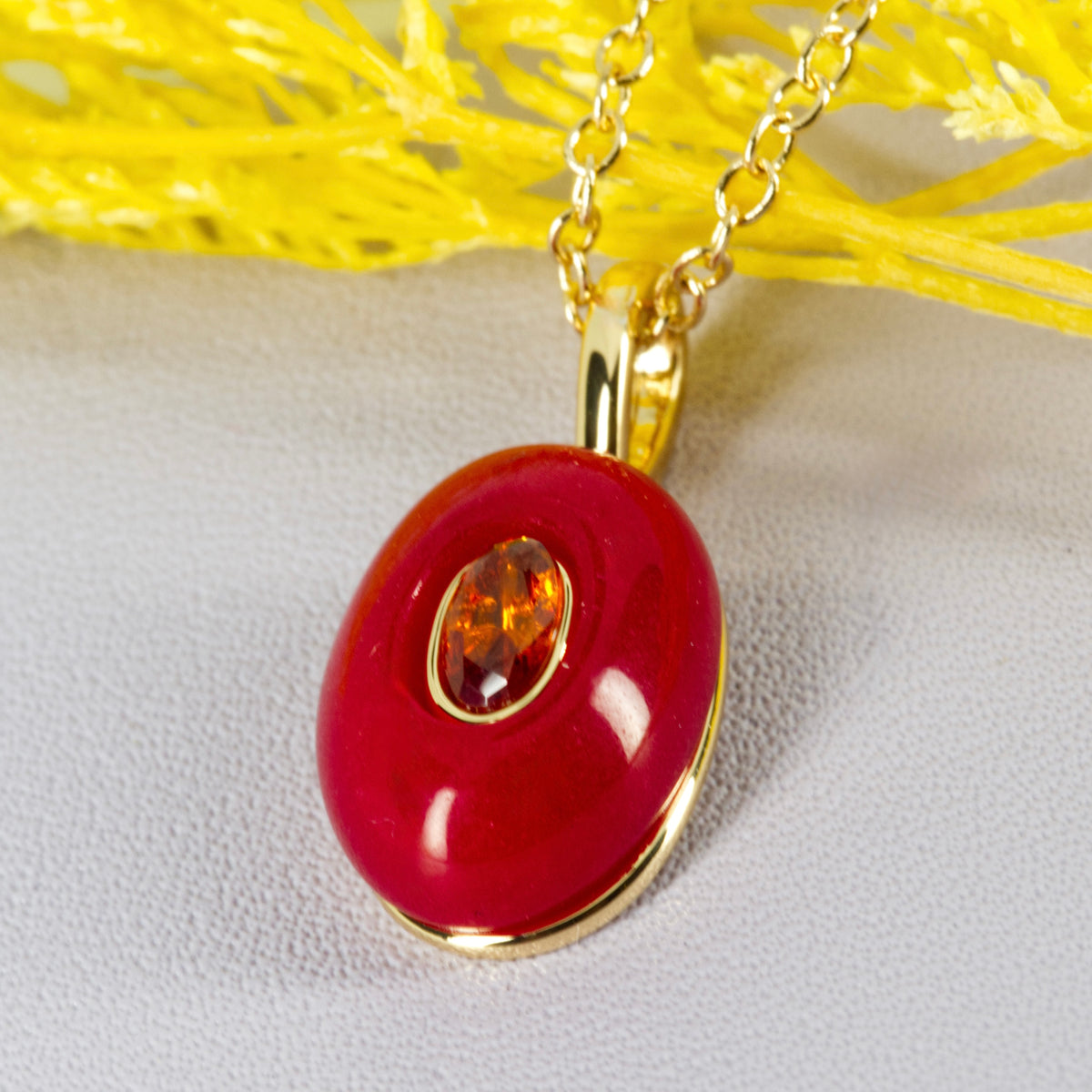 Gold Plated Red Natural Stone & Cubic Zirconia Set Pendant & Chain