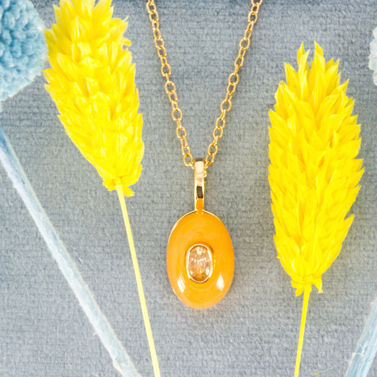 Gold Plated Orange Natural Stone & Cubic Zirconia Set Pendant & Chain