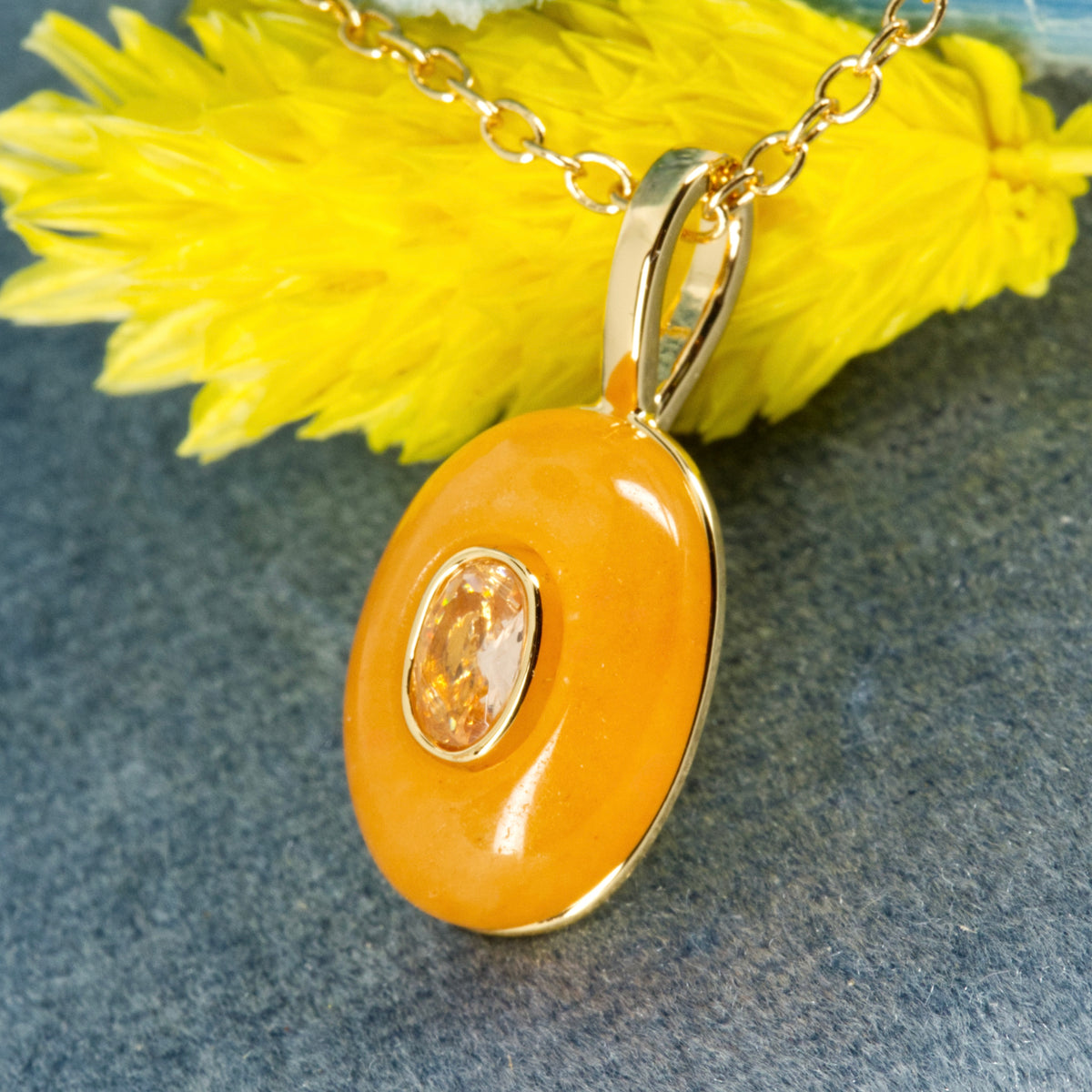 Gold Plated Orange Natural Stone & Cubic Zirconia Set Pendant & Chain