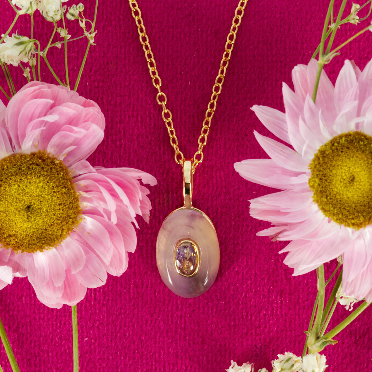 Gold Plated Purple Natural Stone & Cubic Zirconia Set Pendant & Chain