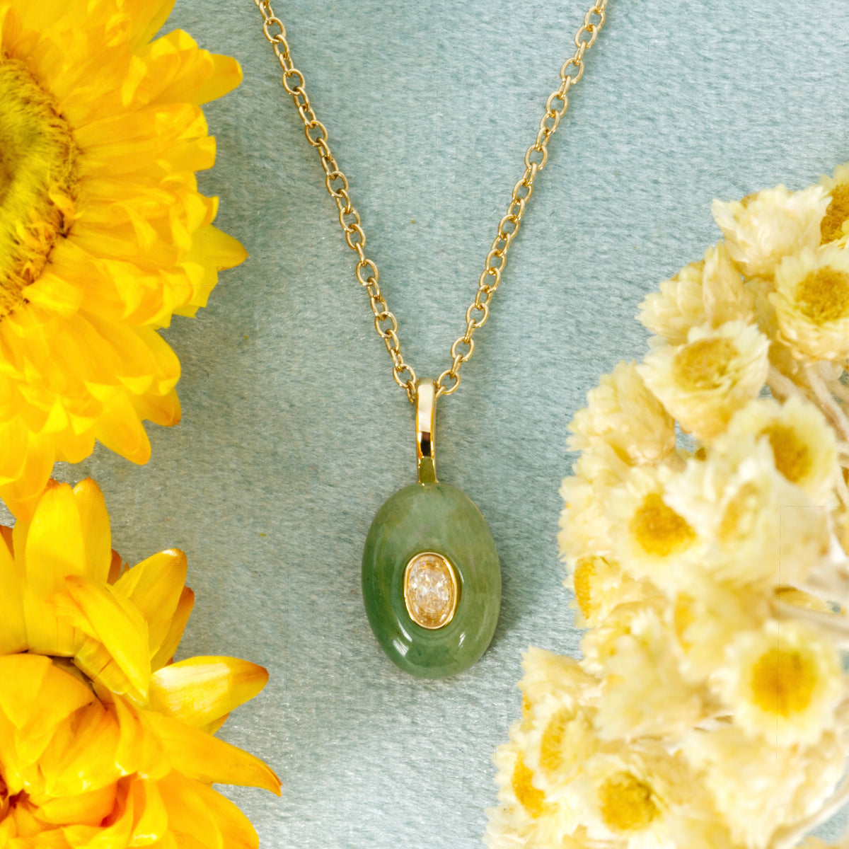 Gold Plated Green Natural Stone & White Cubic Zirconia Set Pendant & Chain