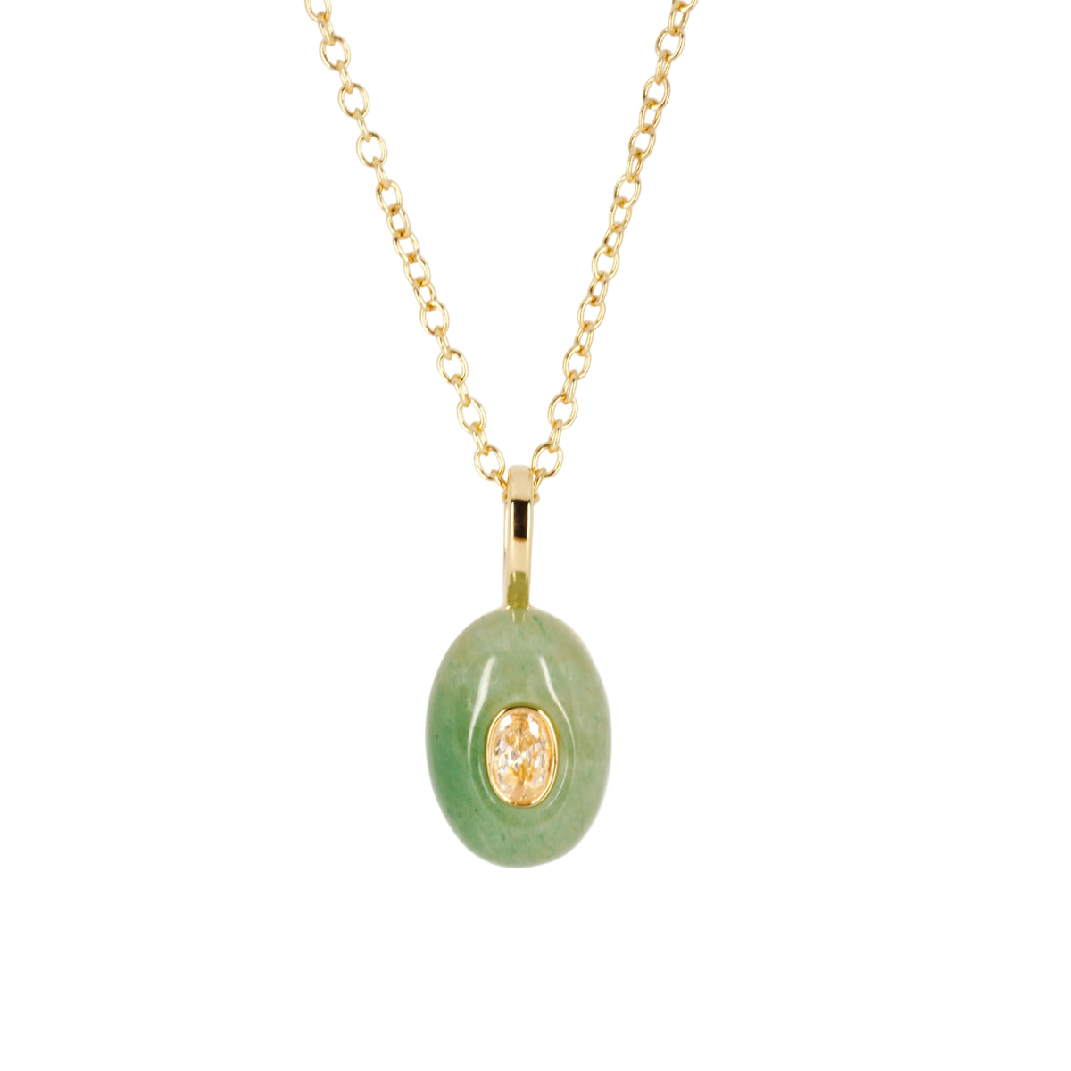 Gold Plated Green Natural Stone & White Cubic Zirconia Set Pendant & Chain