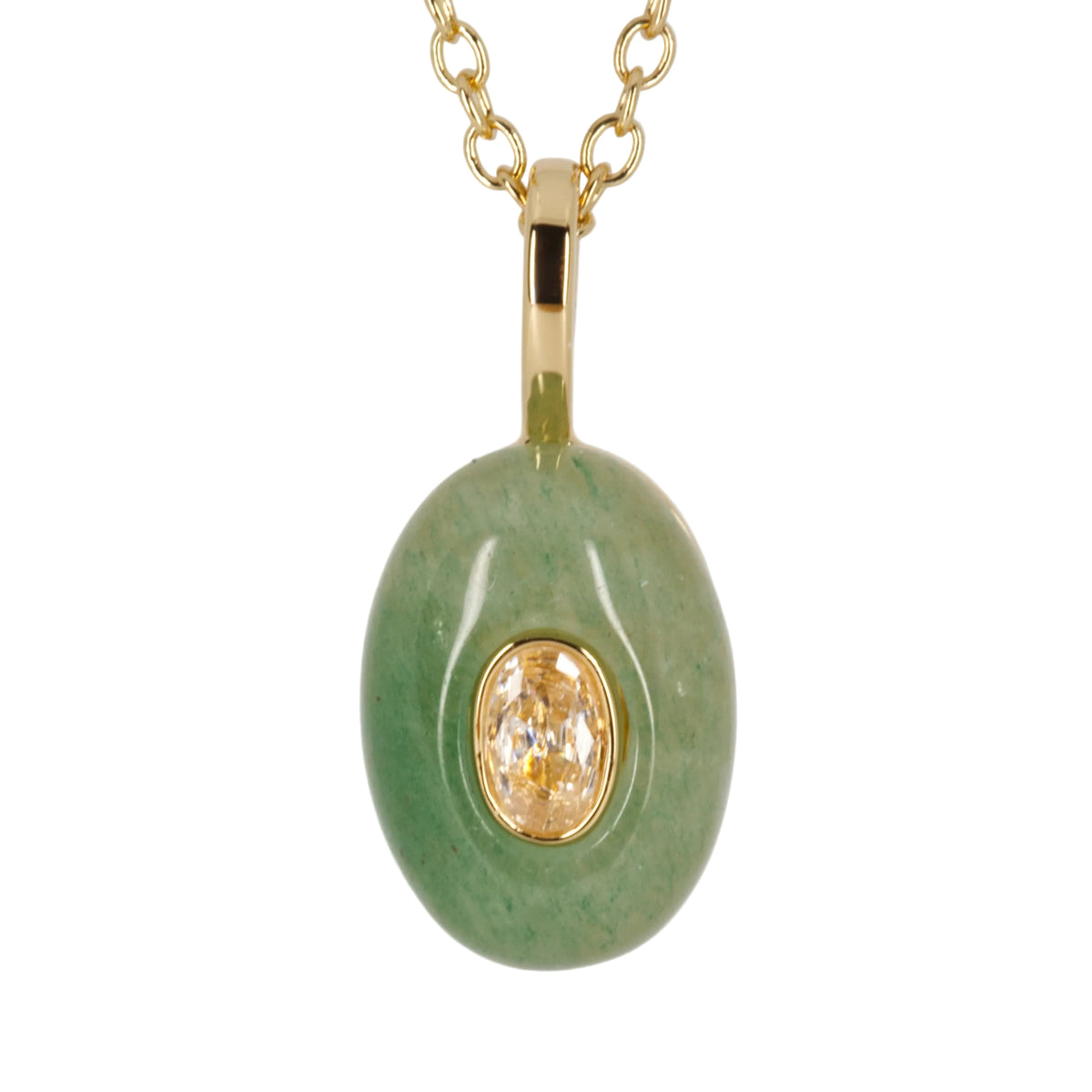 Gold Plated Green Natural Stone & White Cubic Zirconia Set Pendant & Chain