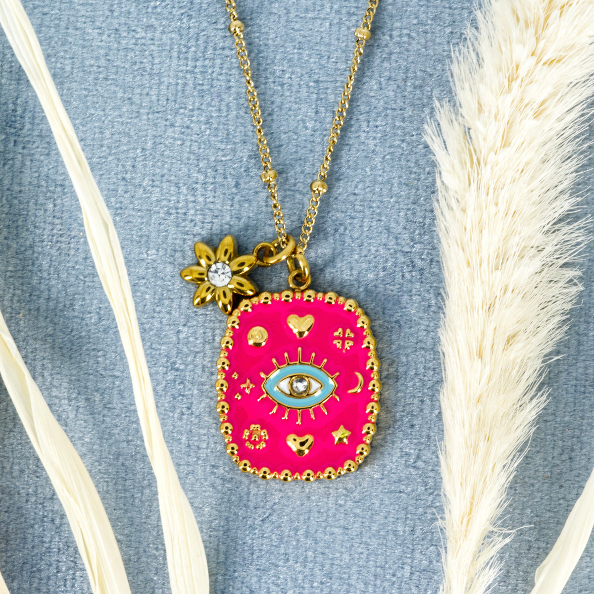 Gold Plated Pink & Turquoise Enamel Set Evil Eye Pendant & Chain