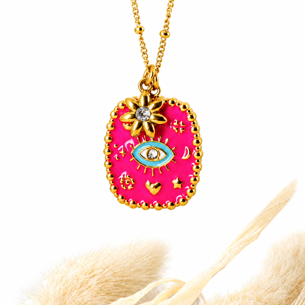 Gold Plated Pink & Turquoise Enamel Set Evil Eye Pendant & Chain