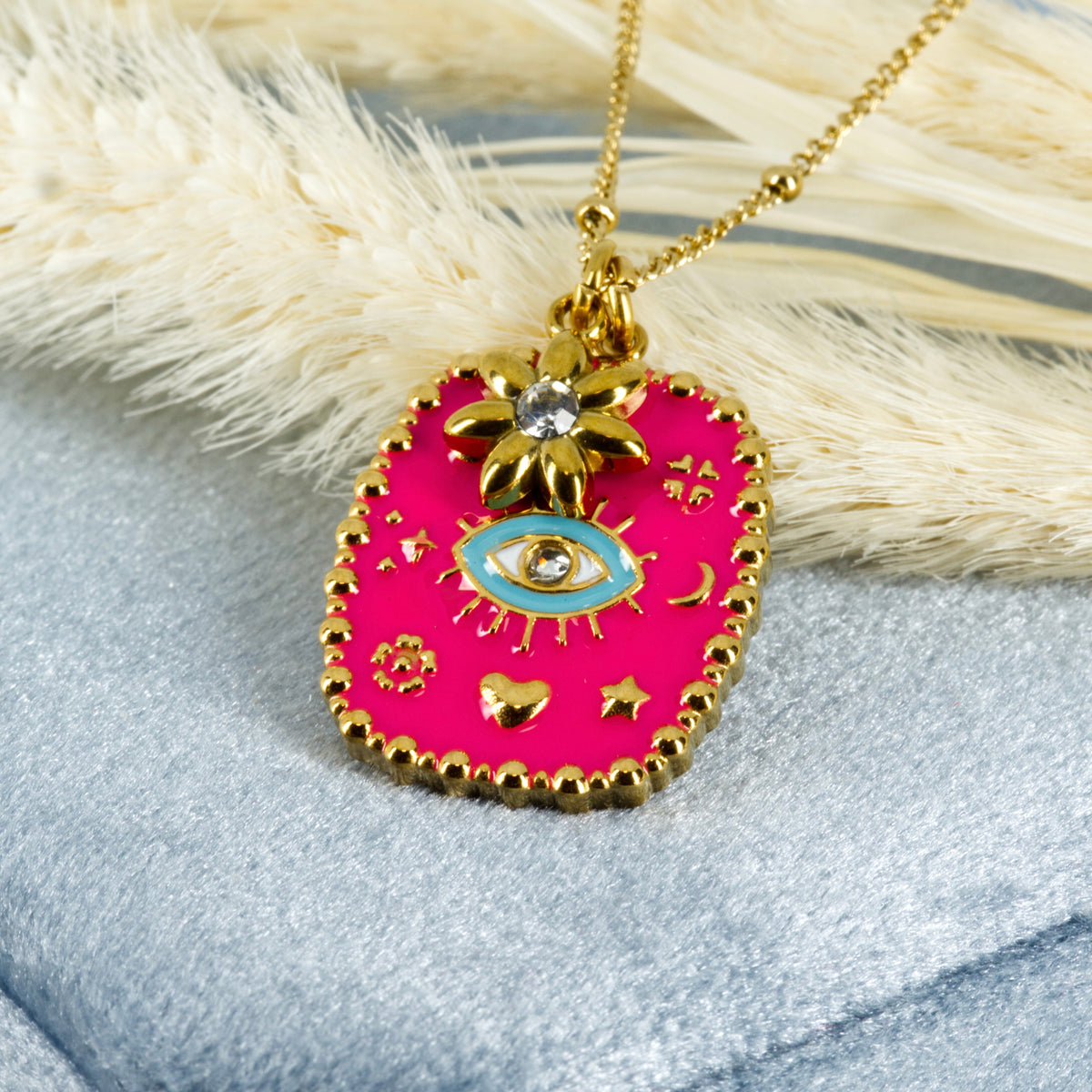 Gold Plated Pink & Turquoise Enamel Set Evil Eye Pendant & Chain