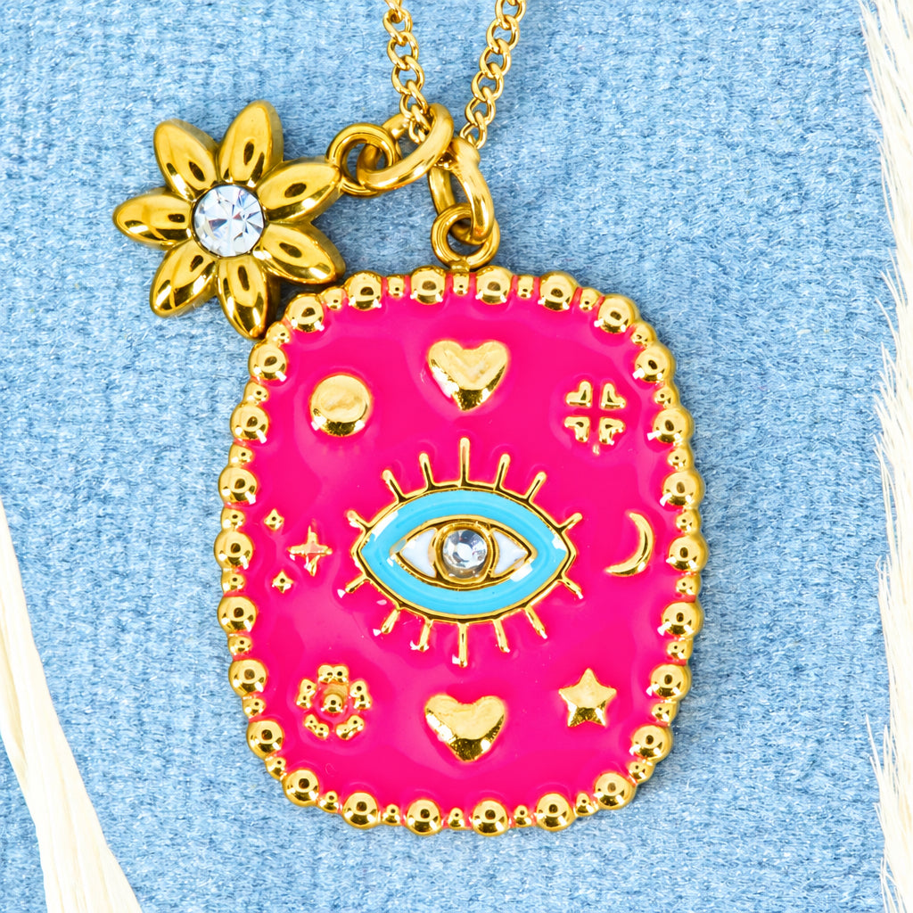Gold Plated Pink & Turquoise Enamel Set Evil Eye Pendant & Chain