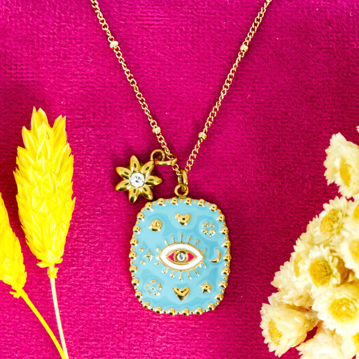 Gold Plated Blue & White Enamel Evil Eye Pendant & Chain