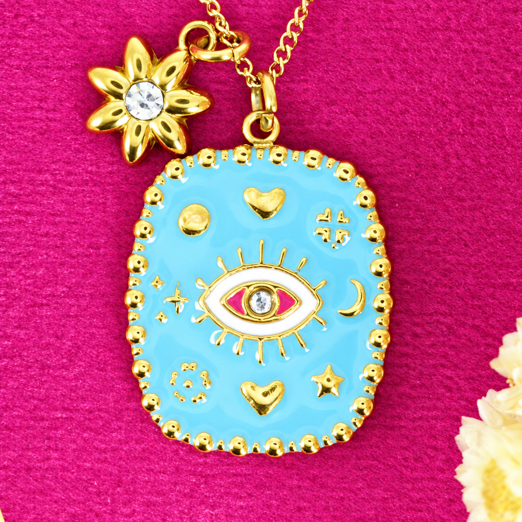 Gold Plated Blue & White Enamel Evil Eye Pendant & Chain