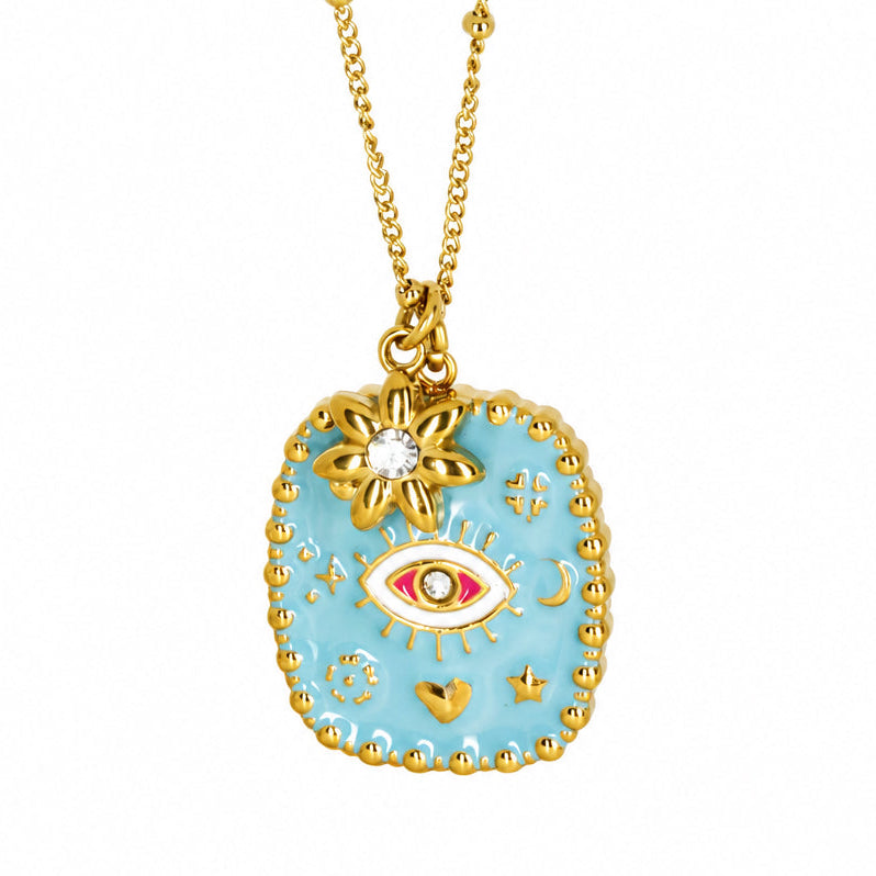 Gold Plated Blue & White Enamel Evil Eye Pendant & Chain