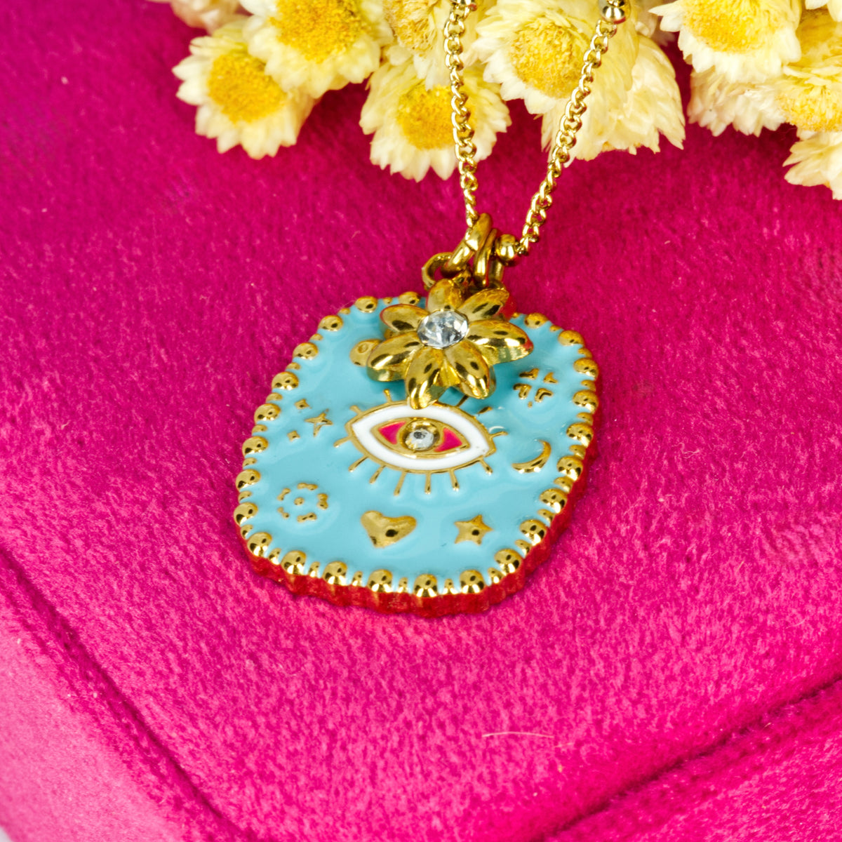 Gold Plated Blue & White Enamel Evil Eye Pendant & Chain