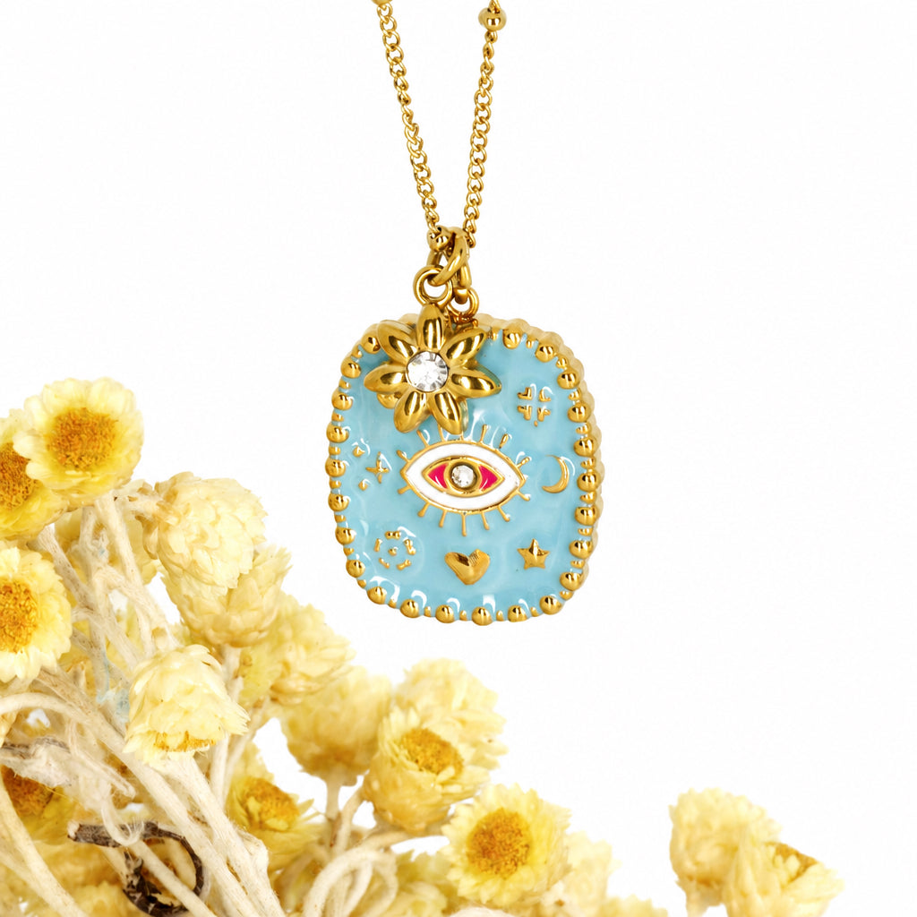 Gold Plated Blue & White Enamel Evil Eye Pendant & Chain