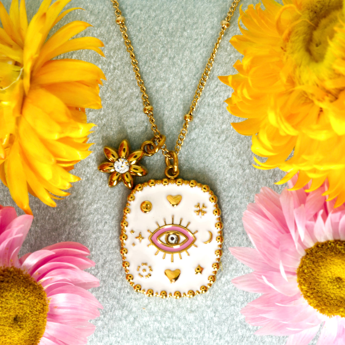 Gold Plated White & Pink Enamel Evil Eye Pendant & Chain