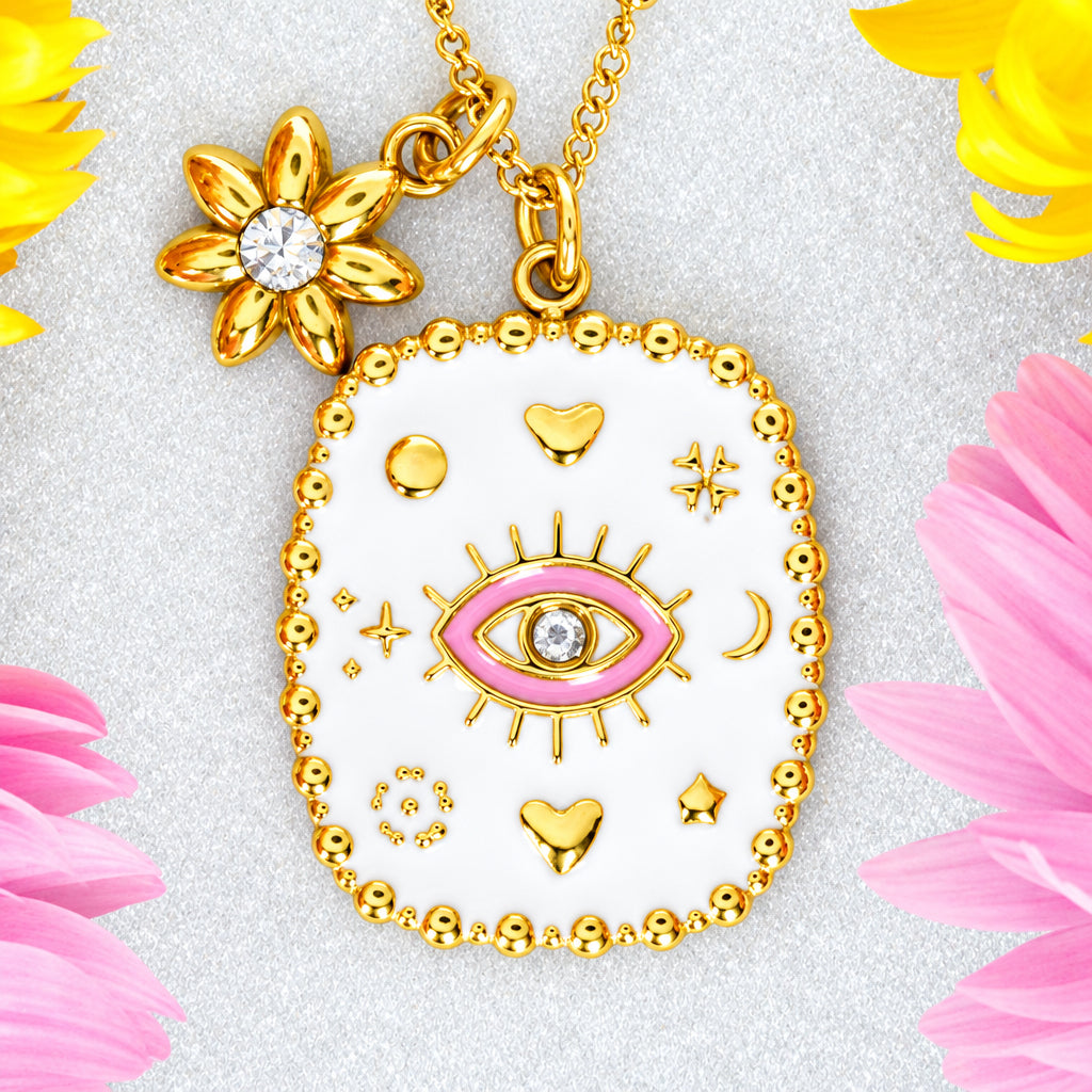 Gold Plated White & Pink Enamel Evil Eye Pendant & Chain
