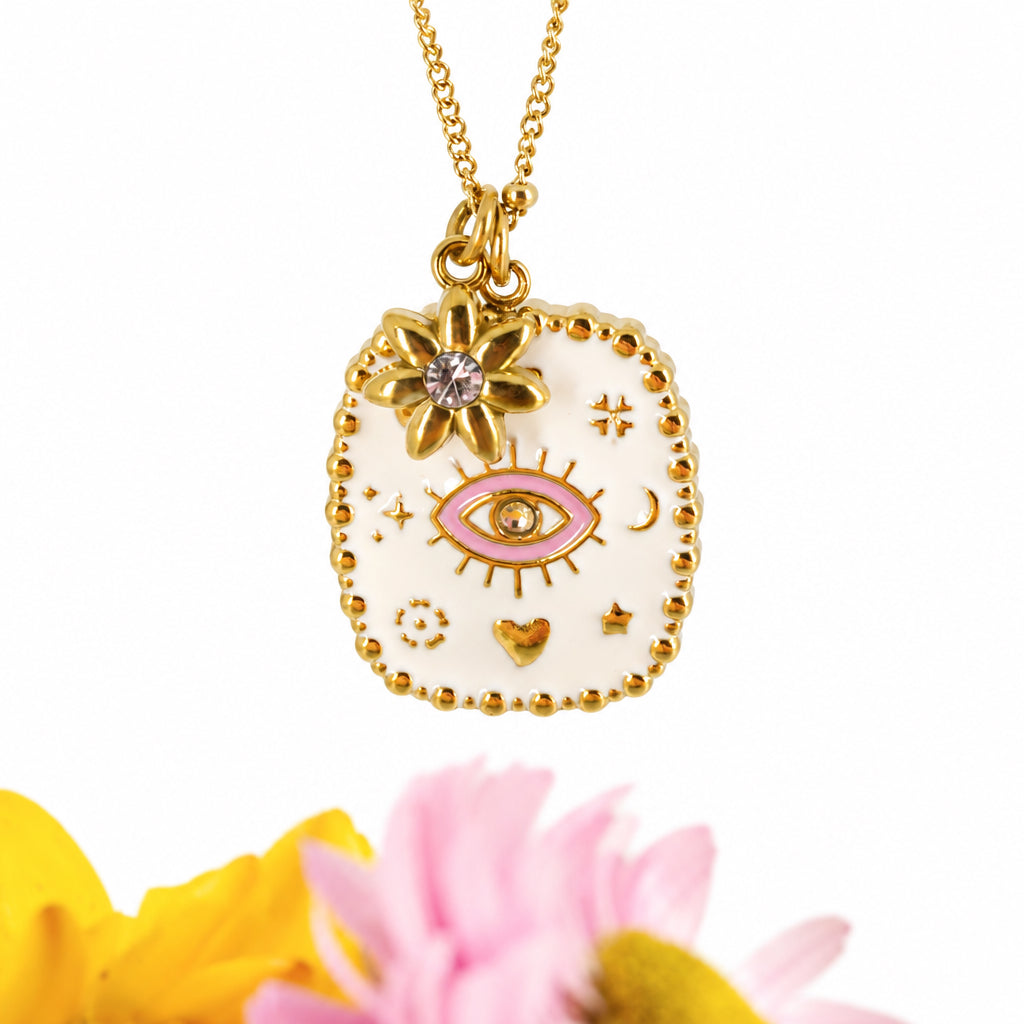 Gold Plated White & Pink Enamel Evil Eye Pendant & Chain