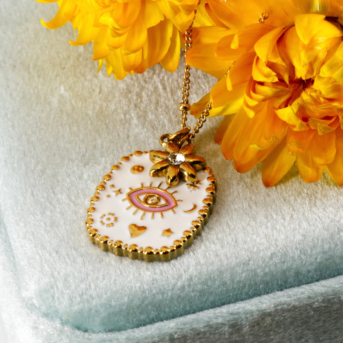 Gold Plated White & Pink Enamel Evil Eye Pendant & Chain