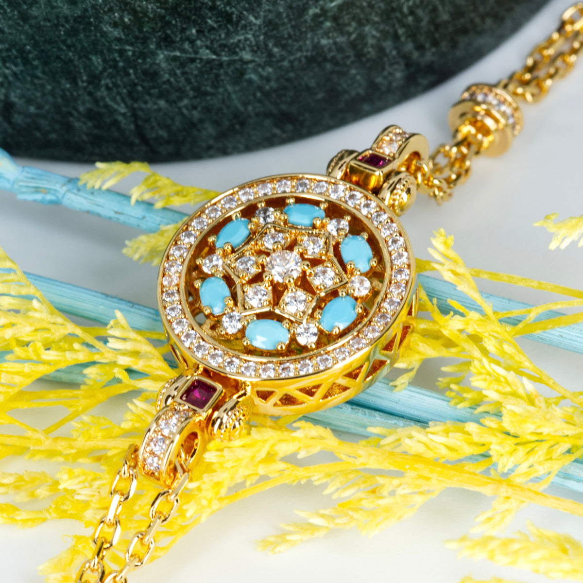 Gold Plated Round Turquoise & Cubic Zirconia Set Spinner Bracelet