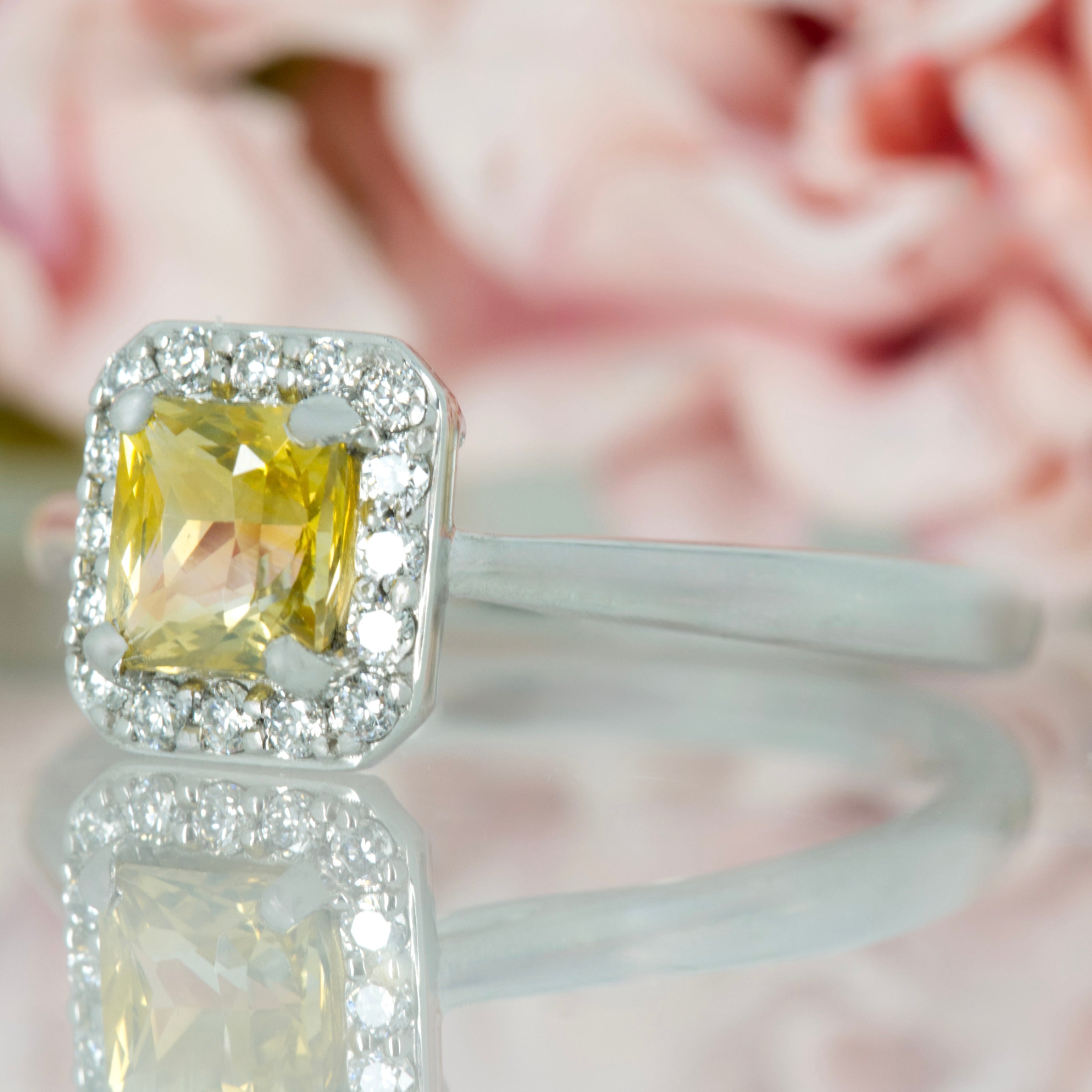 Platinum Radiant Cut Yellow Sapphire & Round Brilliant Cut Diamond Halo Cluster Ring