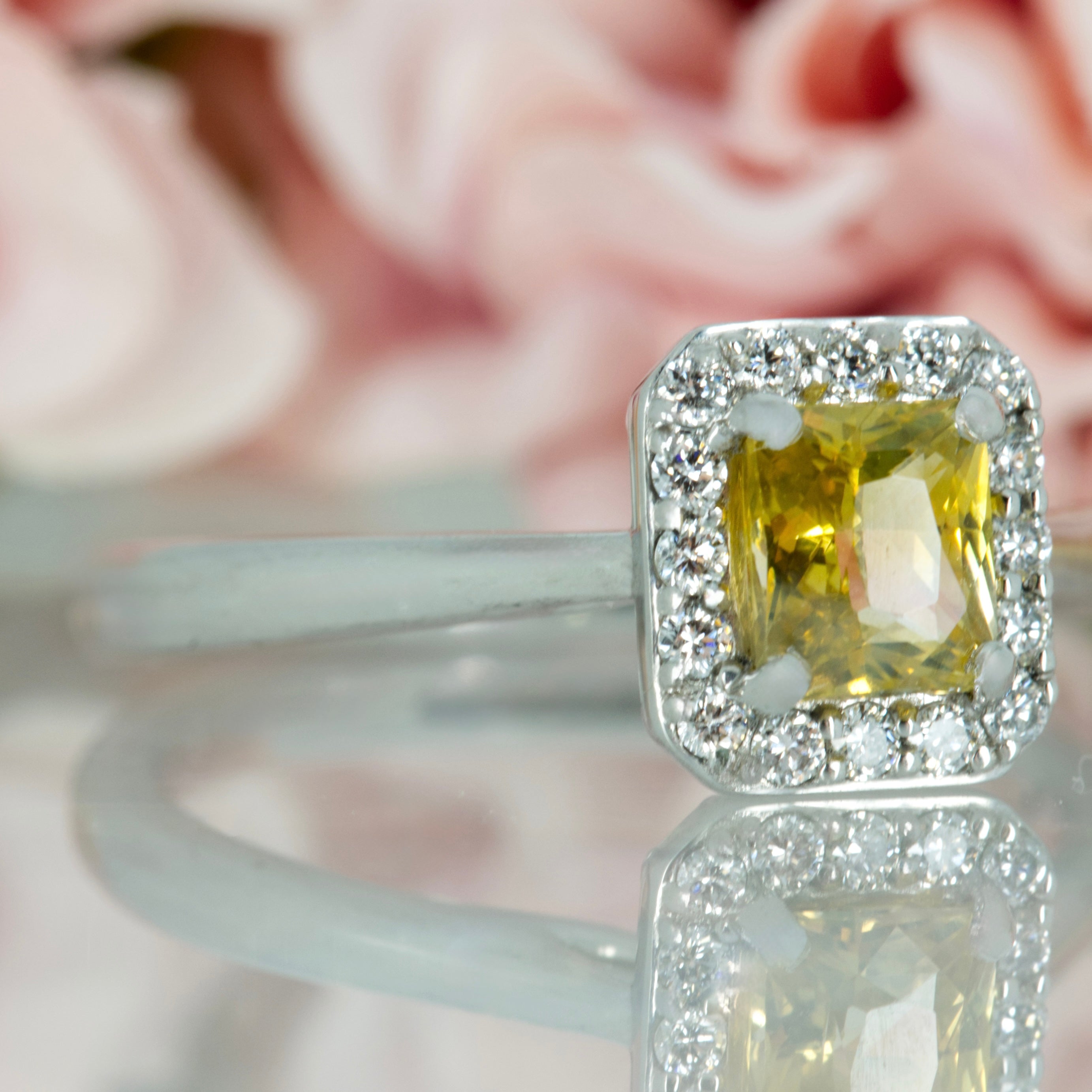 Platinum Radiant Cut Yellow Sapphire & Round Brilliant Cut Diamond Halo Cluster Ring