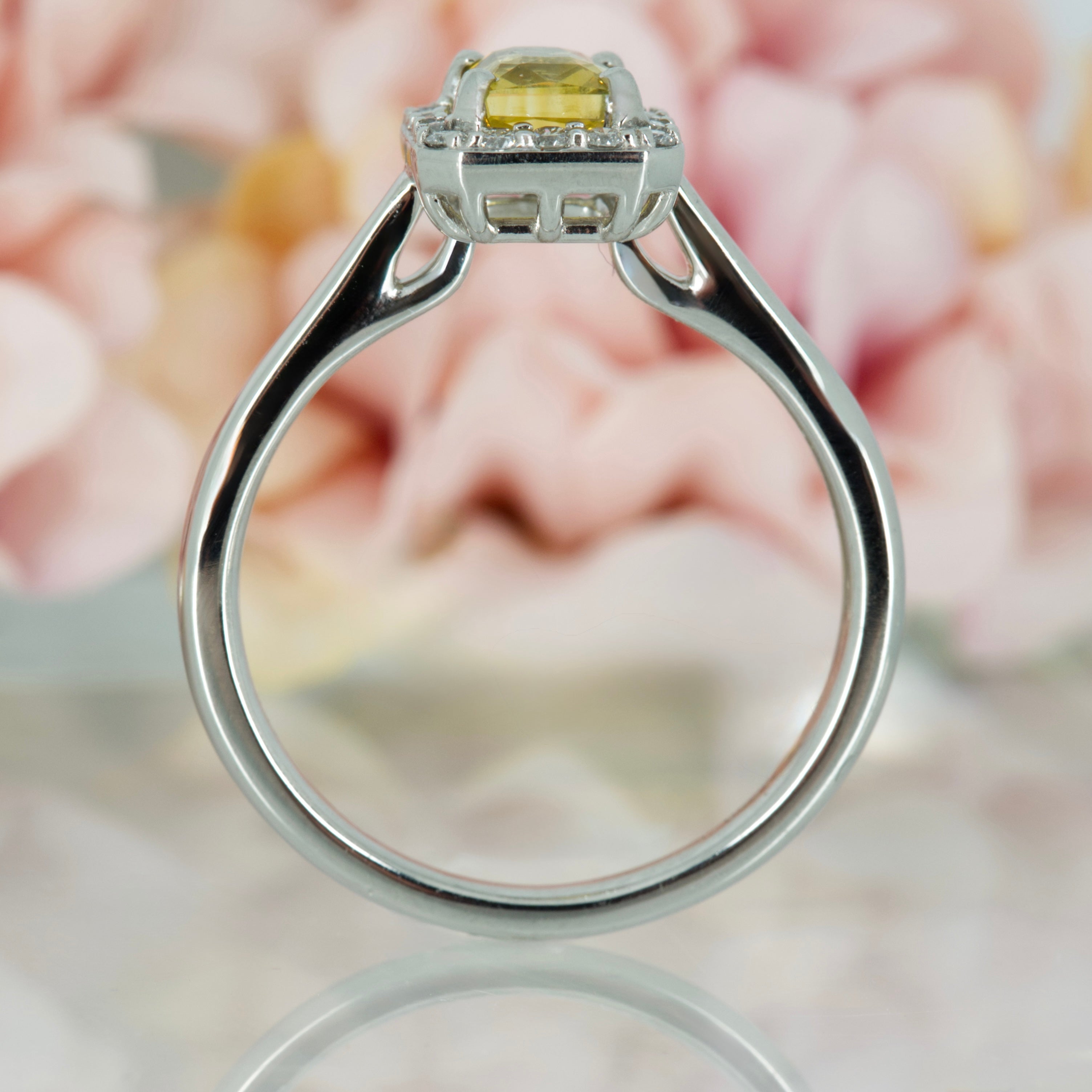 Platinum Radiant Cut Yellow Sapphire & Round Brilliant Cut Diamond Halo Cluster Ring