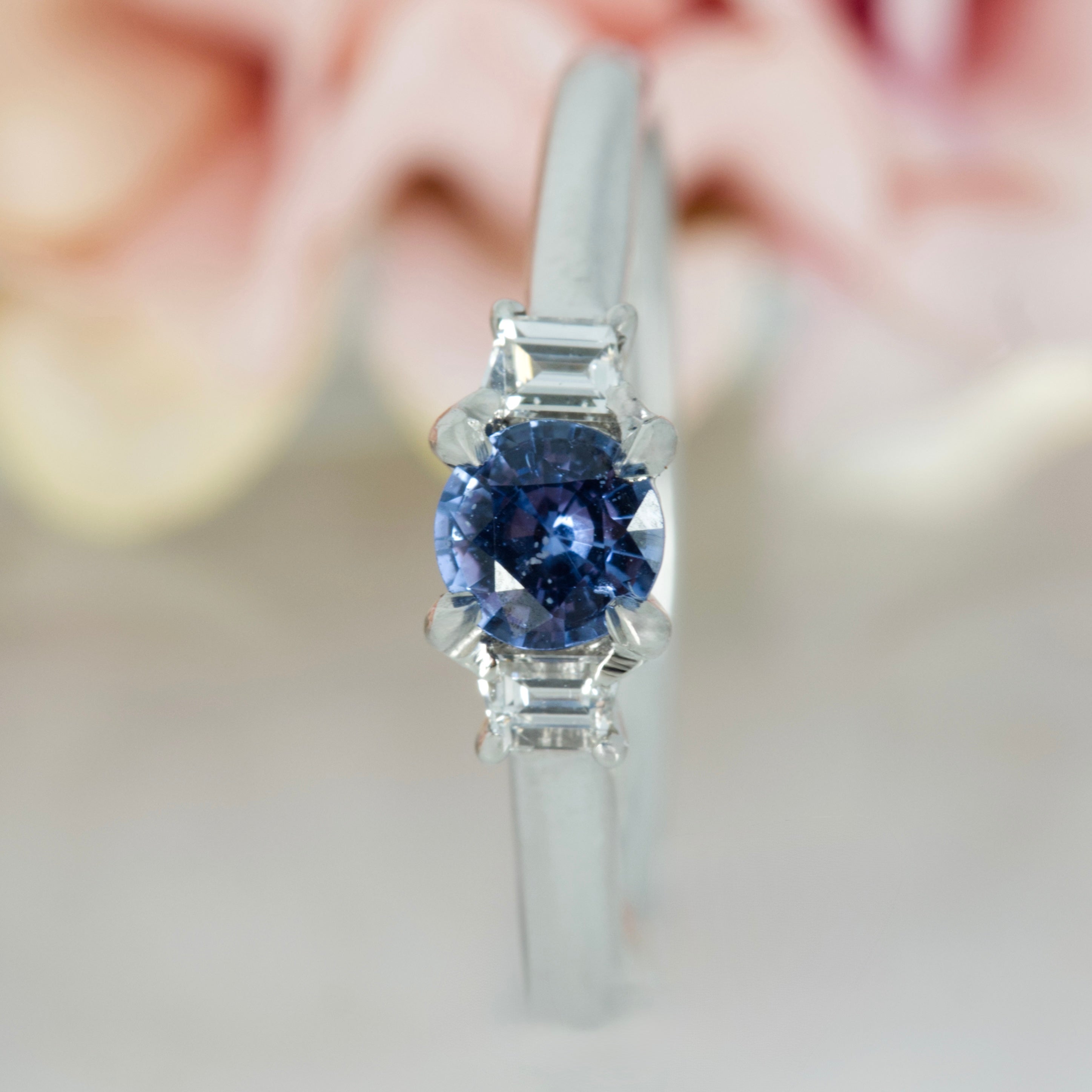 Platinum Round Cut Sapphire & Trapezoid Cut Diamond Trilogy Ring