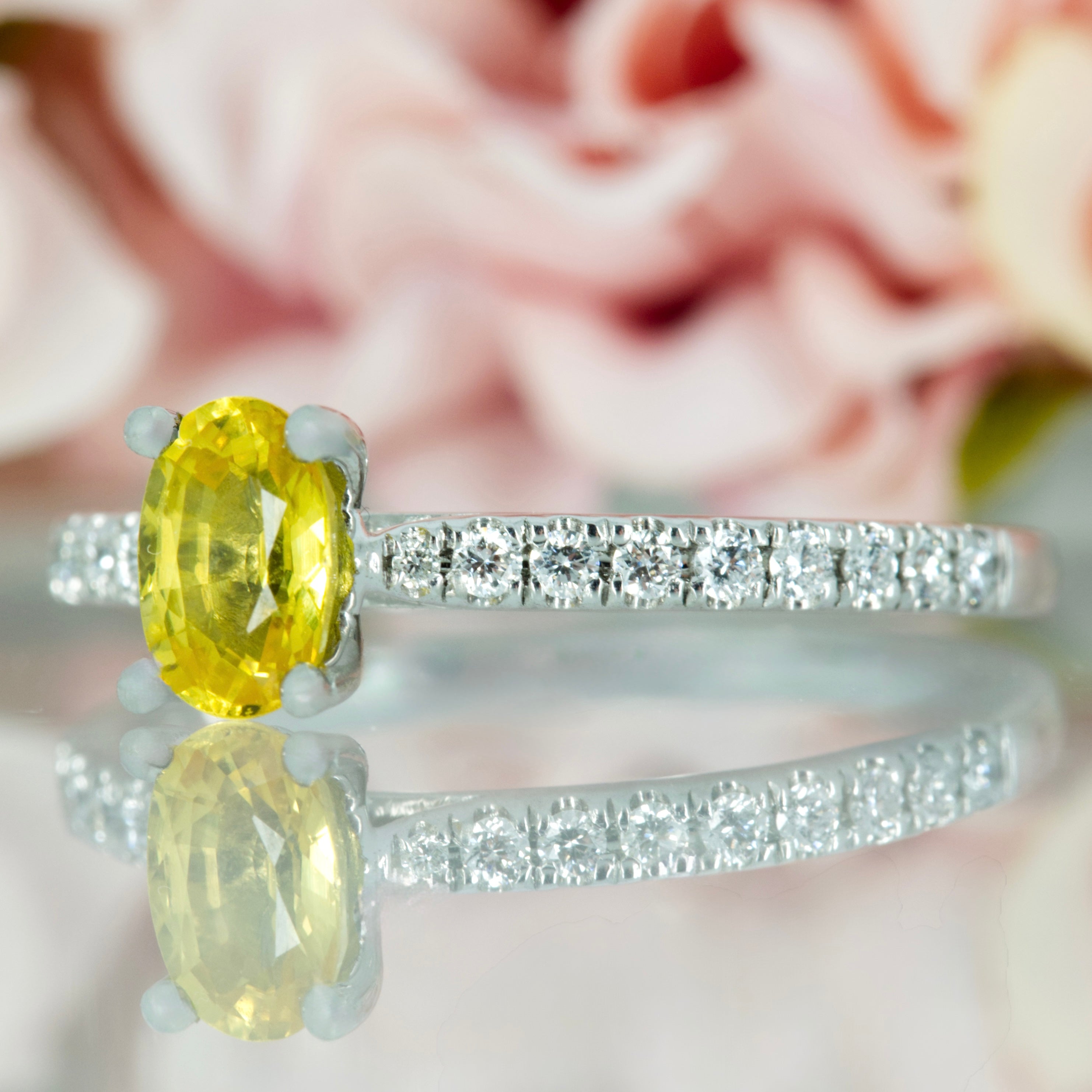 Platinum Oval Cut Yellow Sapphire & Round Brilliant Cut Diamond Ring