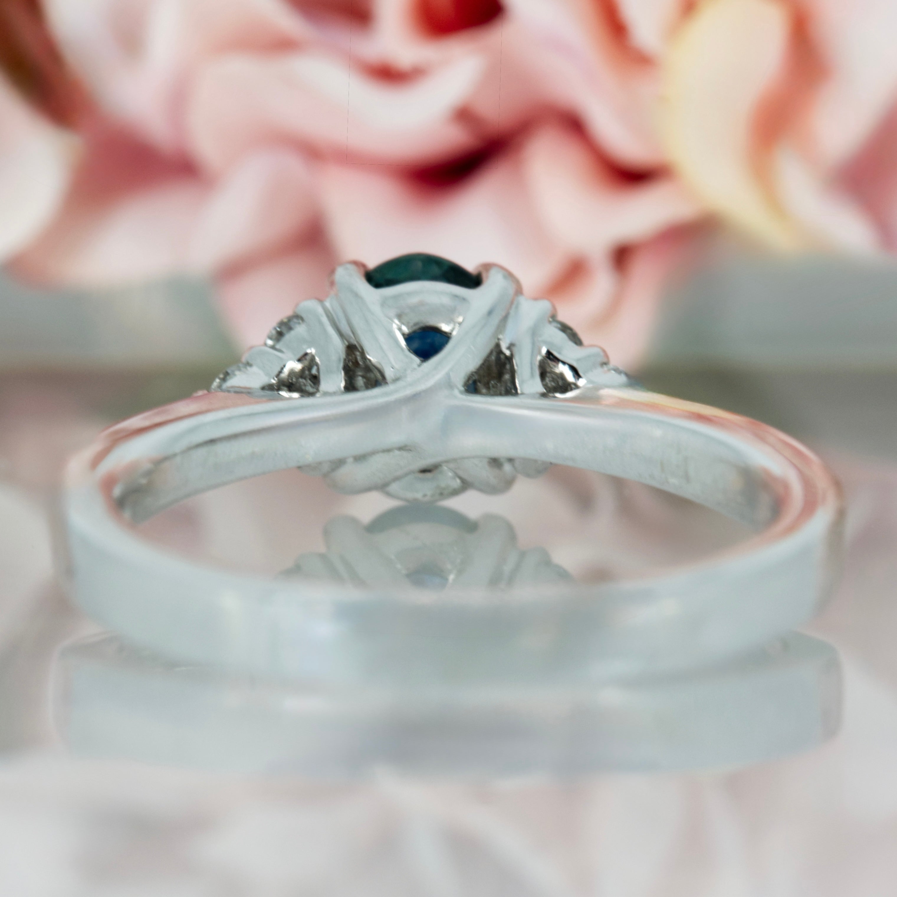 Platinum Oval Cut Montana Blue Sapphire & Round Brilliant Cut Diamond Trefoil Ring