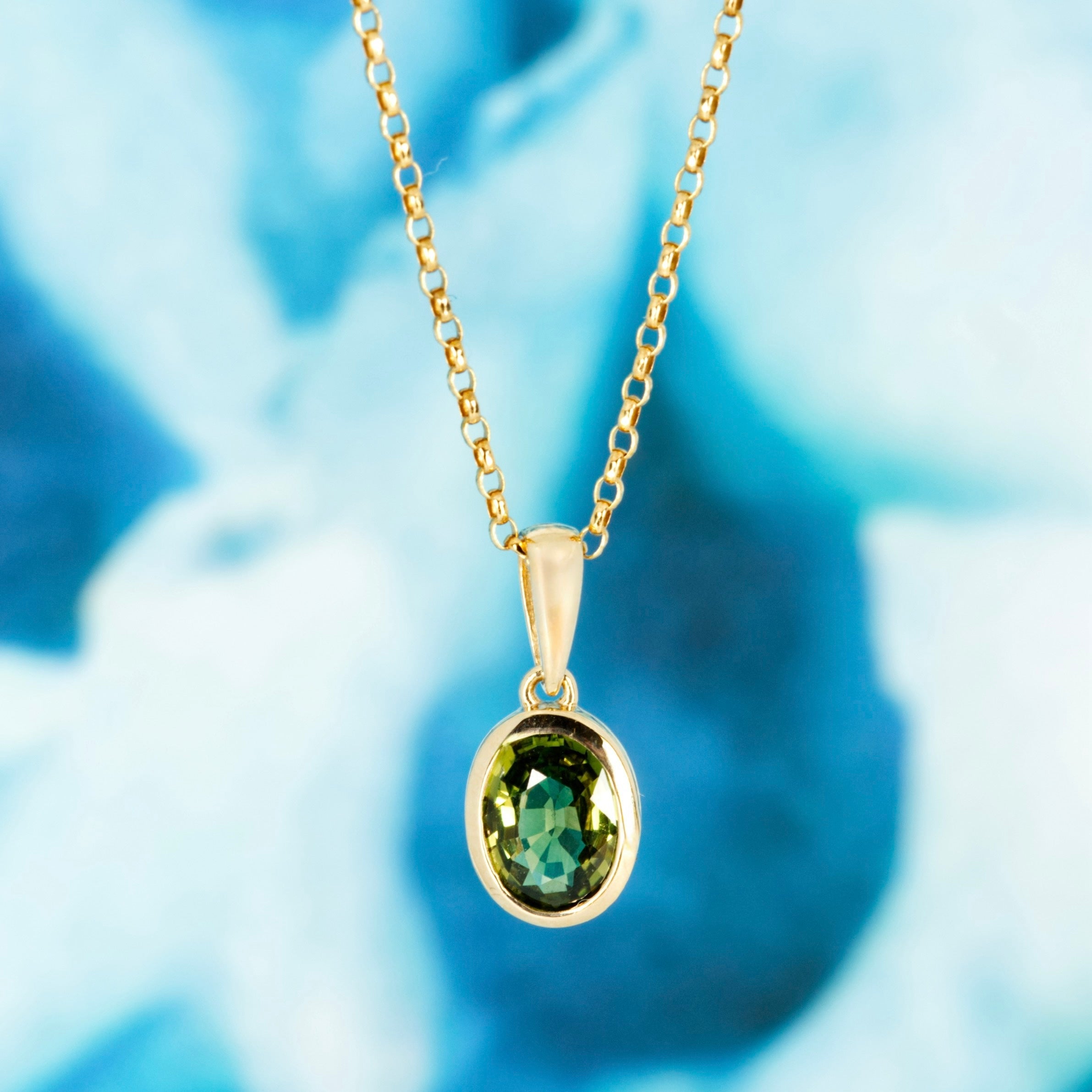 9ct Yellow Gold Oval Cut Green Sapphire Rub-Over Set Pendant & Chain
