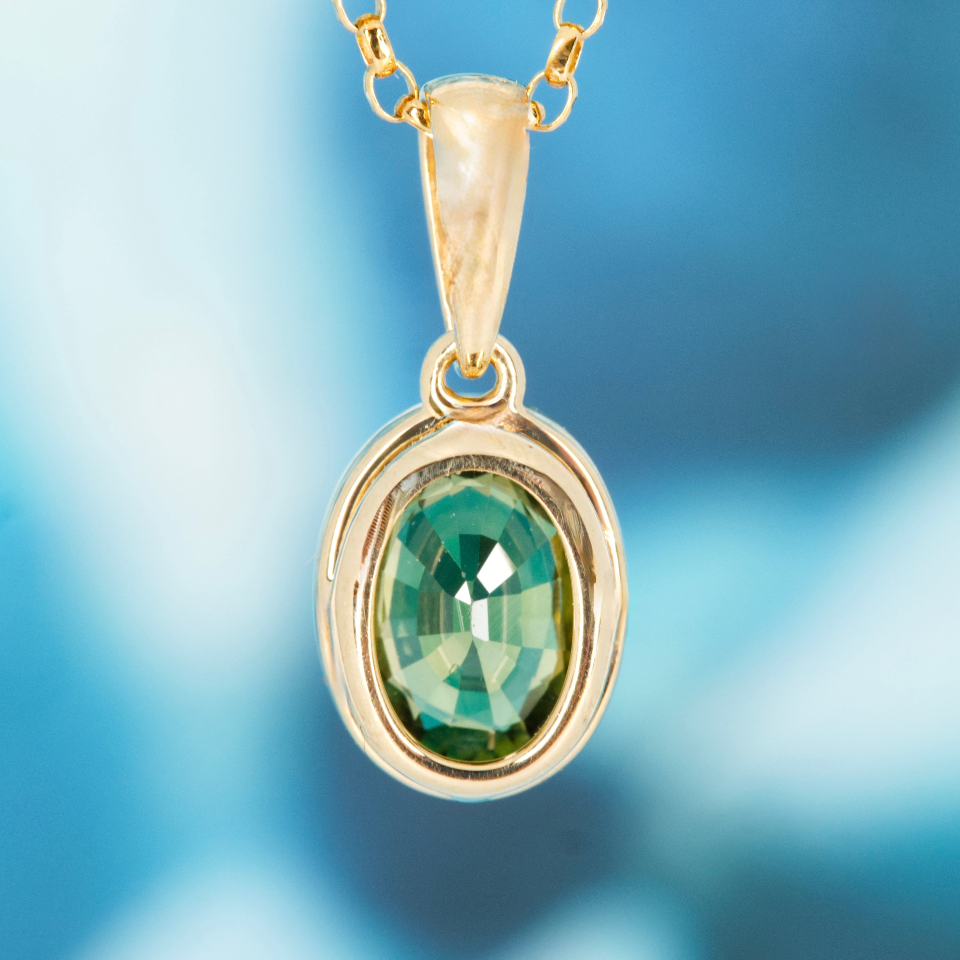 9ct Yellow Gold Oval Cut Green Sapphire Rub-Over Set Pendant & Chain