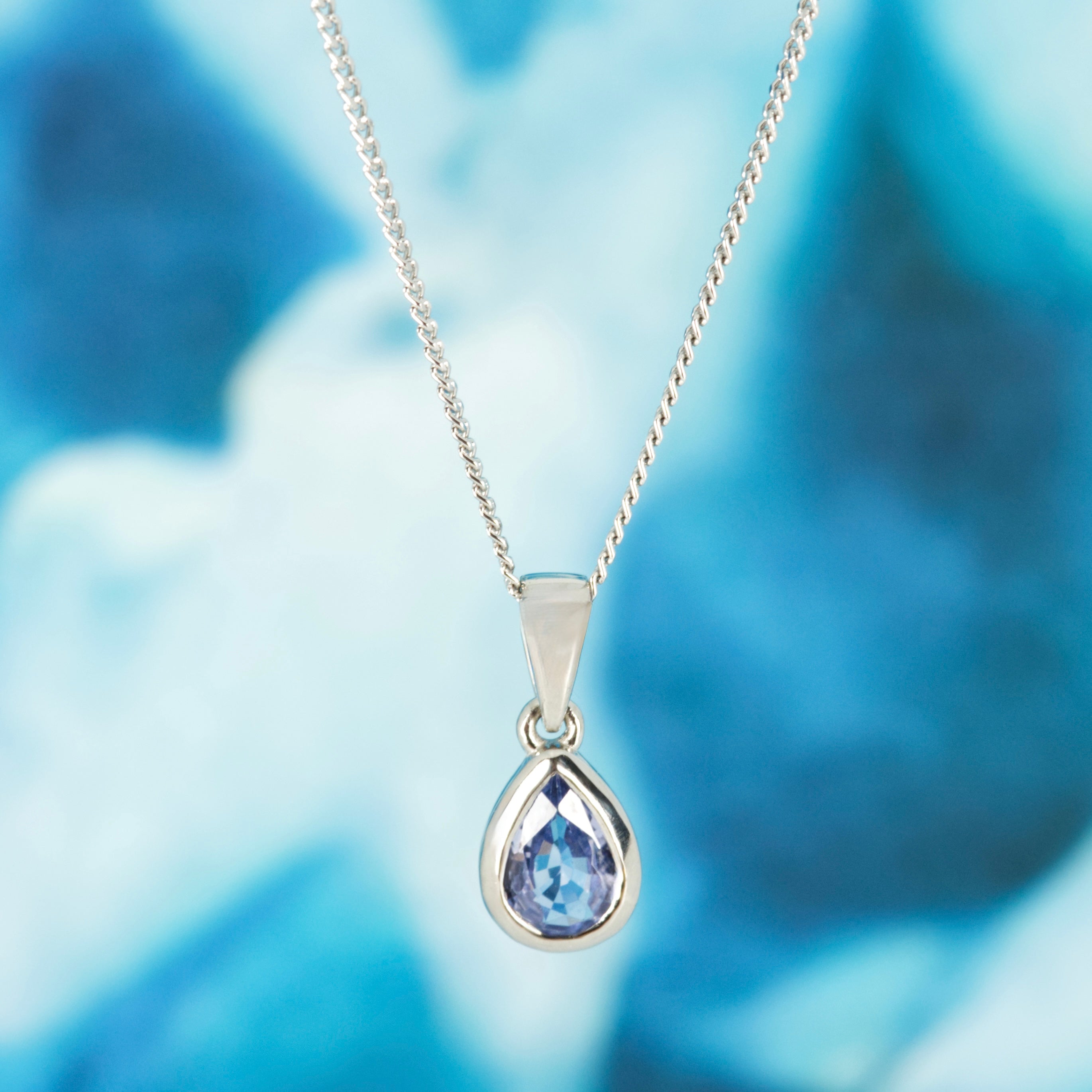Platinum Pear Cut Lilac Sapphire Rub-Over Set Pendant & Chain
