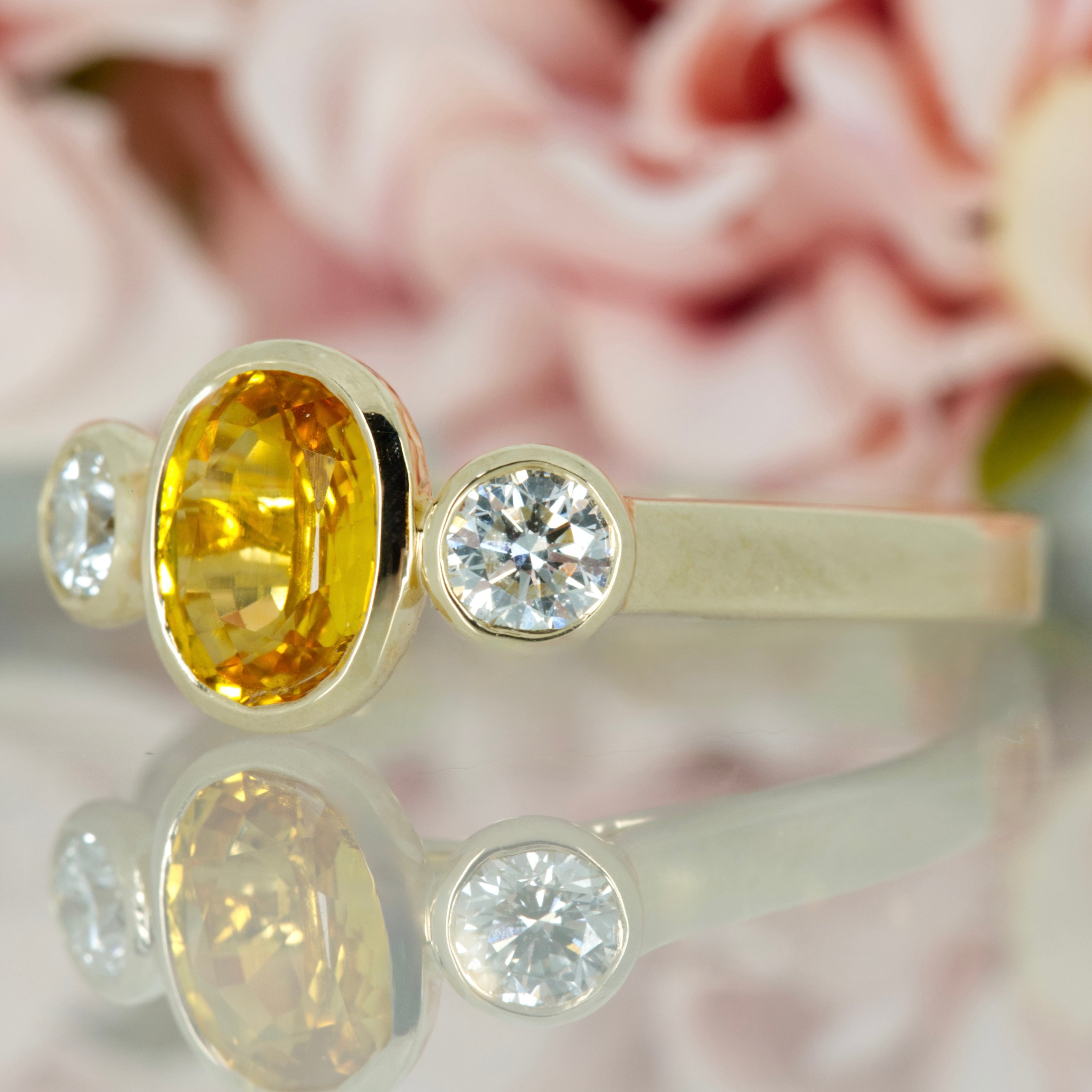 9ct Yellow Gold Oval Cut Yellow Sapphire & Round Brilliant Cut Diamond Trilogy Ring