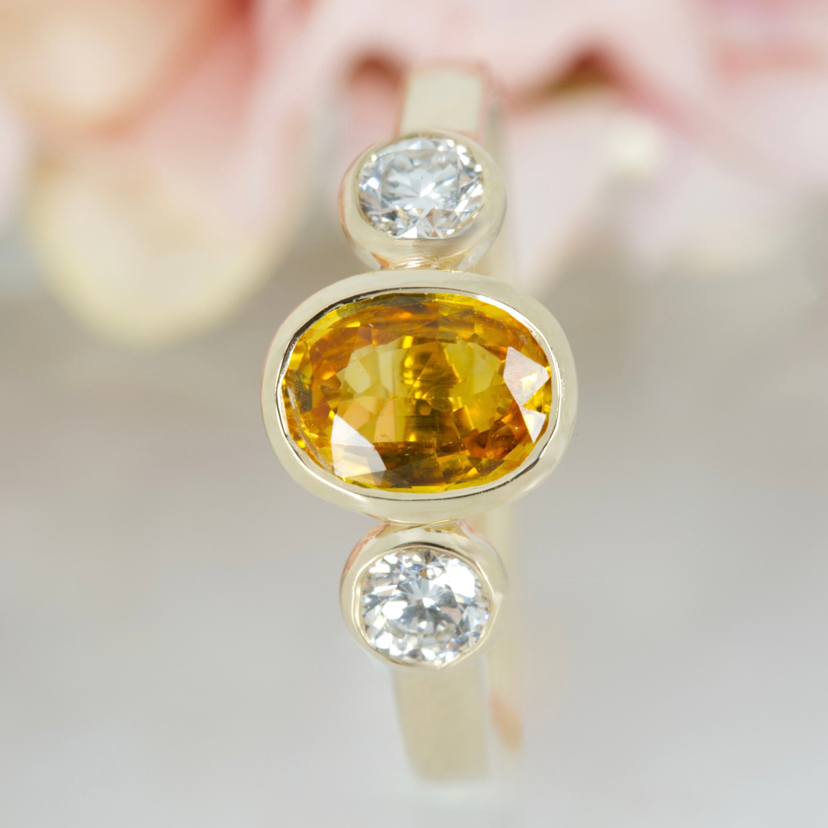 9ct Yellow Gold Oval Cut Yellow Sapphire & Round Brilliant Cut Diamond Trilogy Ring