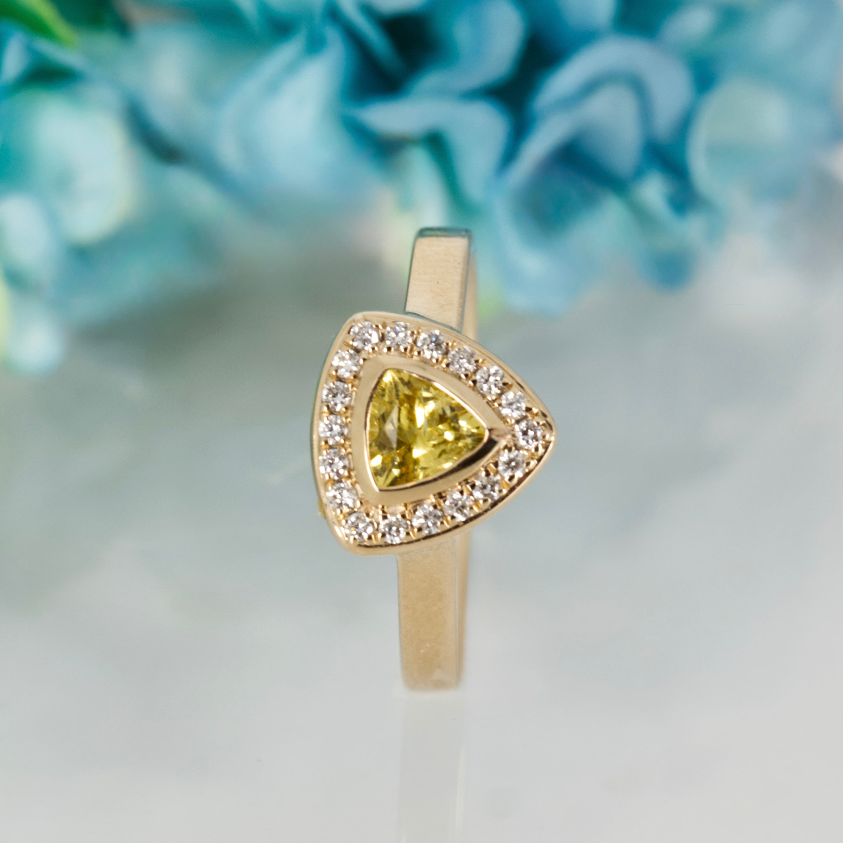 9ct Yellow Gold Trilliant Cut Yellow Sapphire & Round Brilliant Cut Diamond Halo Cluster Ring