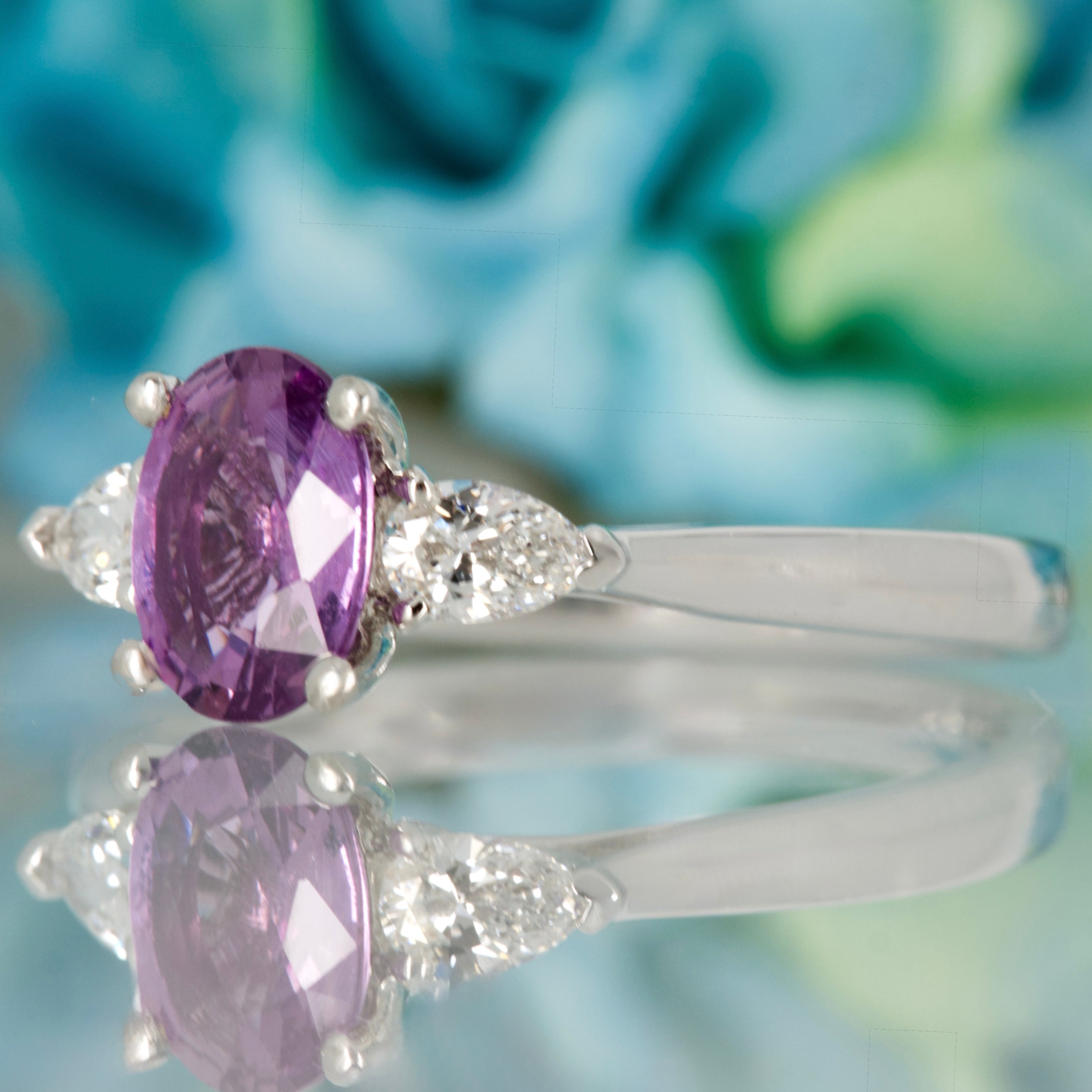 Platinum Oval Cut Lilac Sapphire & Pear Cut Diamond Trilogy Ring