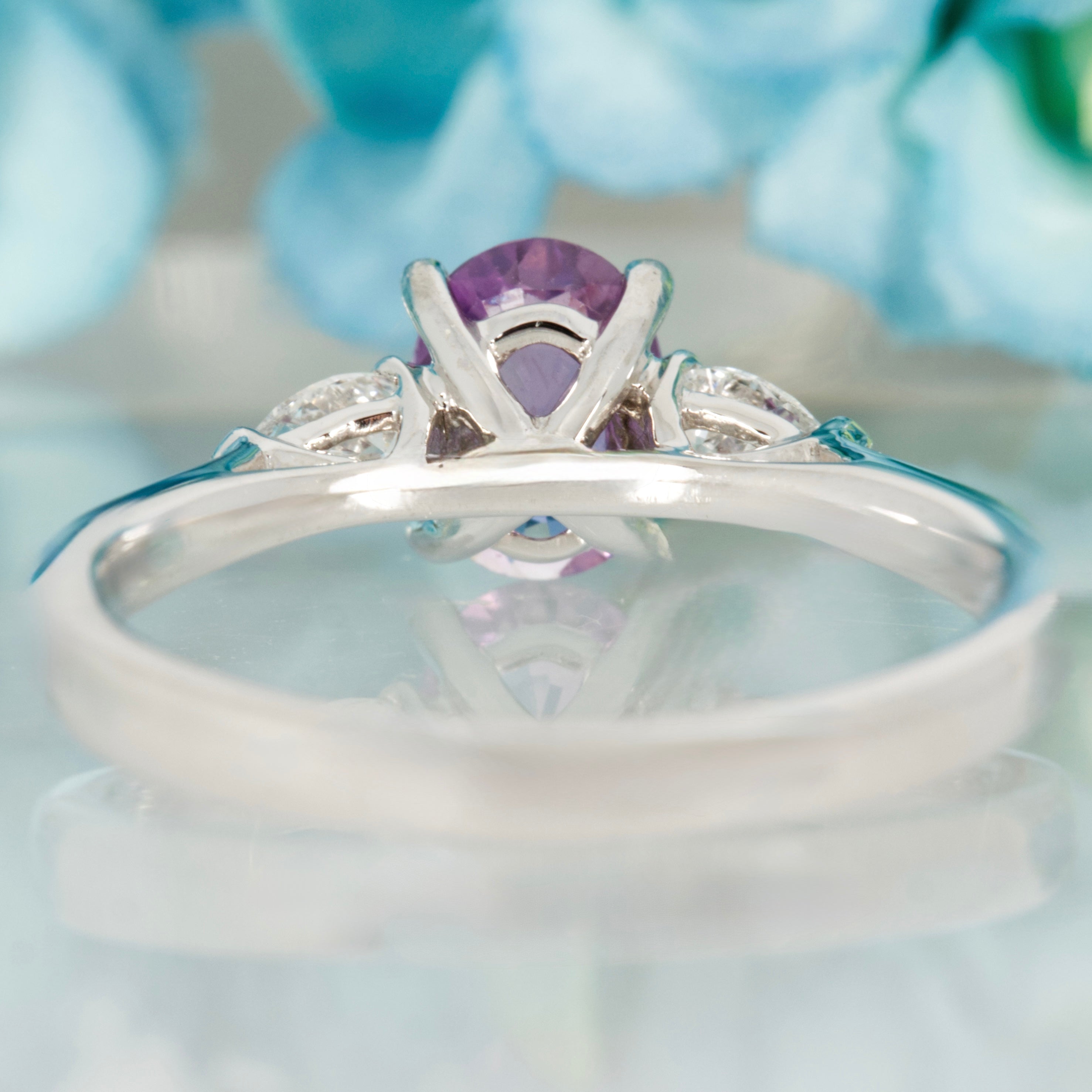 Platinum Oval Cut Lilac Sapphire & Pear Cut Diamond Trilogy Ring
