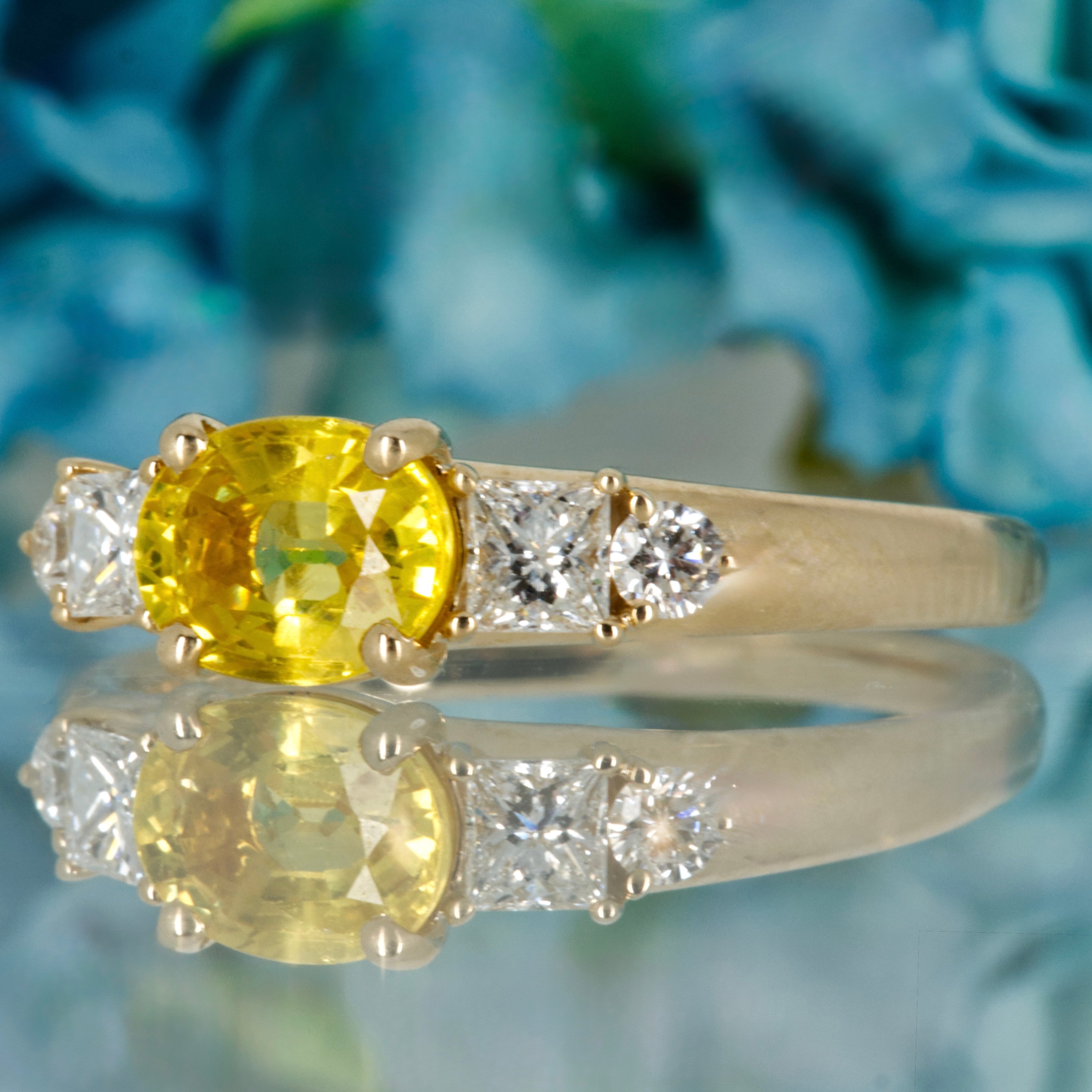 9ct Yellow Gold Oval Cut Yellow Sapphire & Princess and Round Brilliant Cut Diamond Ring