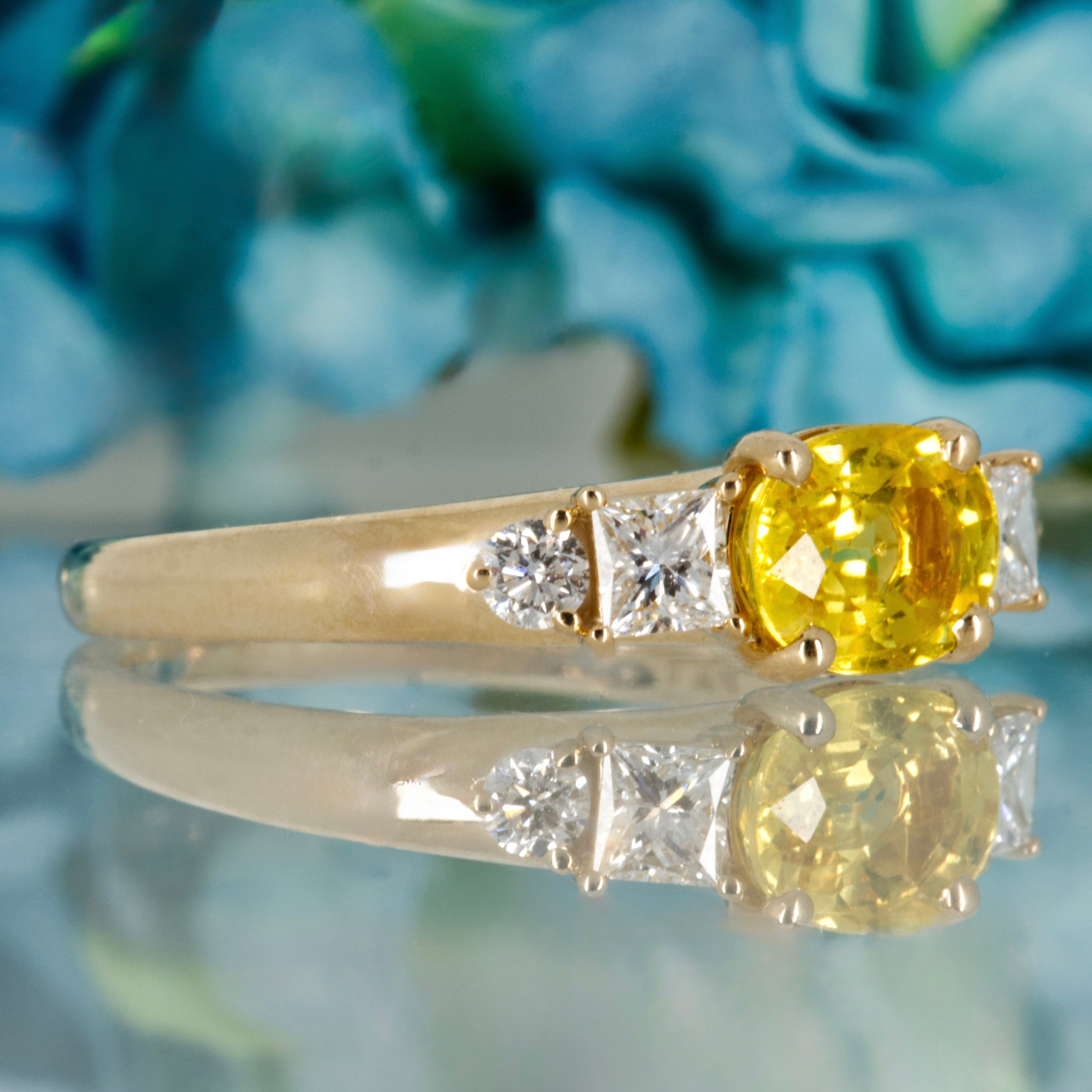 9ct Yellow Gold Oval Cut Yellow Sapphire & Princess and Round Brilliant Cut Diamond Ring