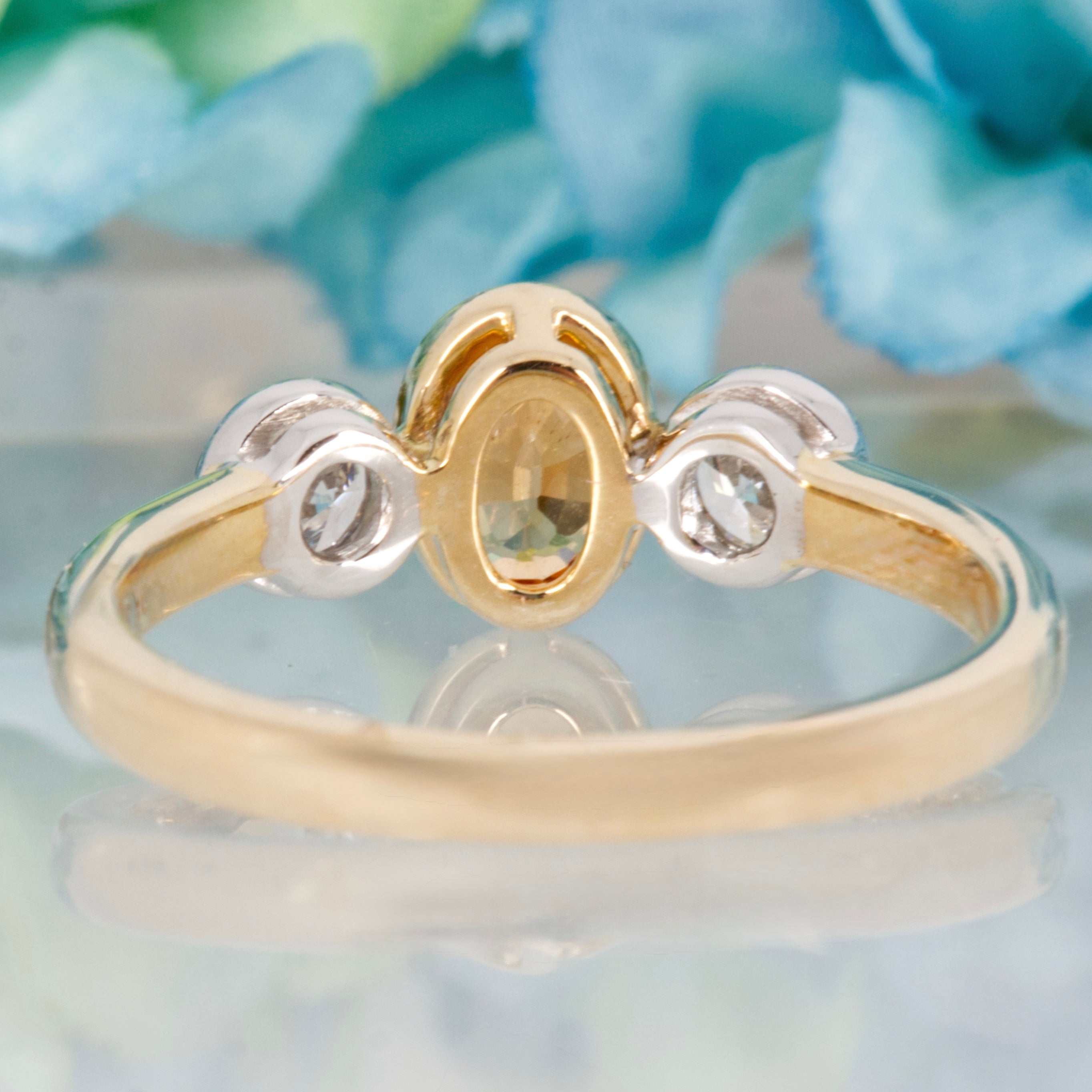 9ct Yellow Gold Oval Cut Mandarin Garnet & Round Brilliant Cut Diamond Trilogy Ring