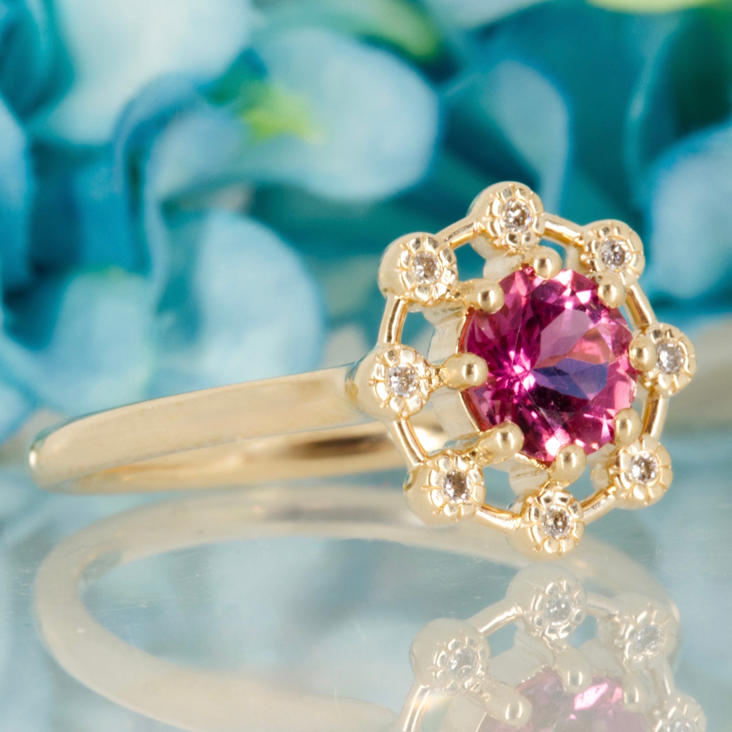 9ct Yellow Gold Round Cut Pink Tourmaline & Round Brilliant Cut Diamond Dress Ring