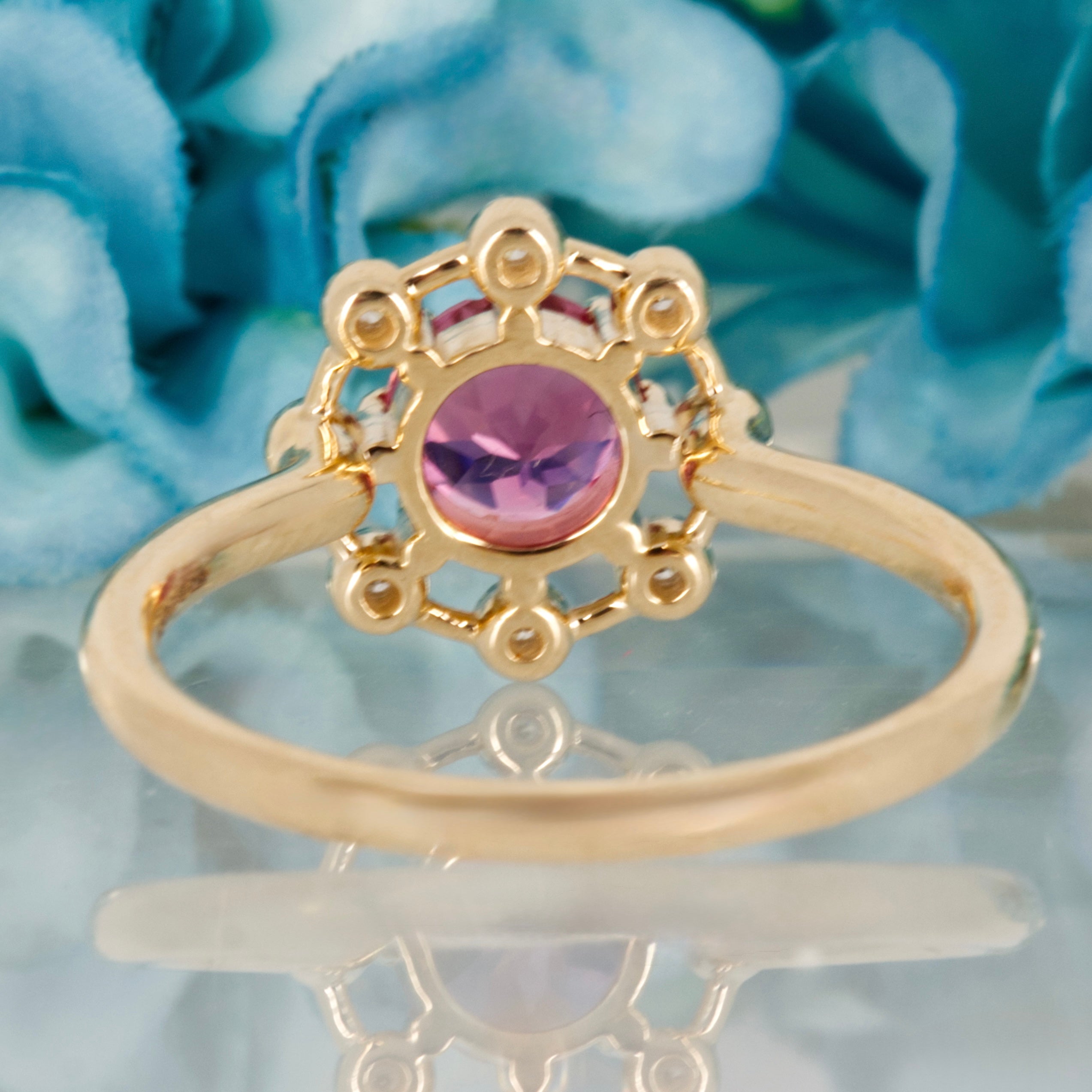 9ct Yellow Gold Round Cut Pink Tourmaline & Round Brilliant Cut Diamond Dress Ring