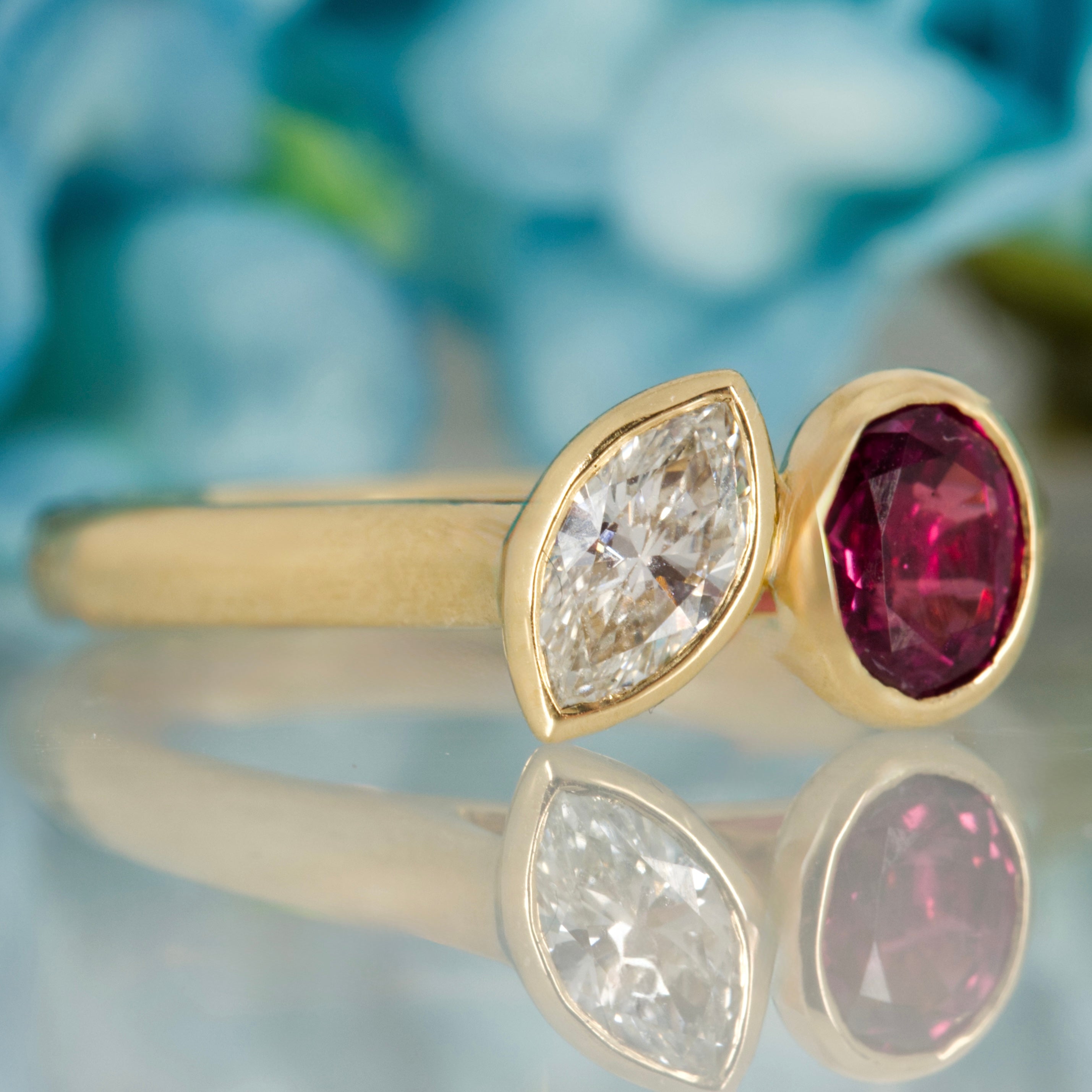 18ct Yellow Gold Oval Cut Ruby & Marquise Cut Diamond Toi et Moi Ring